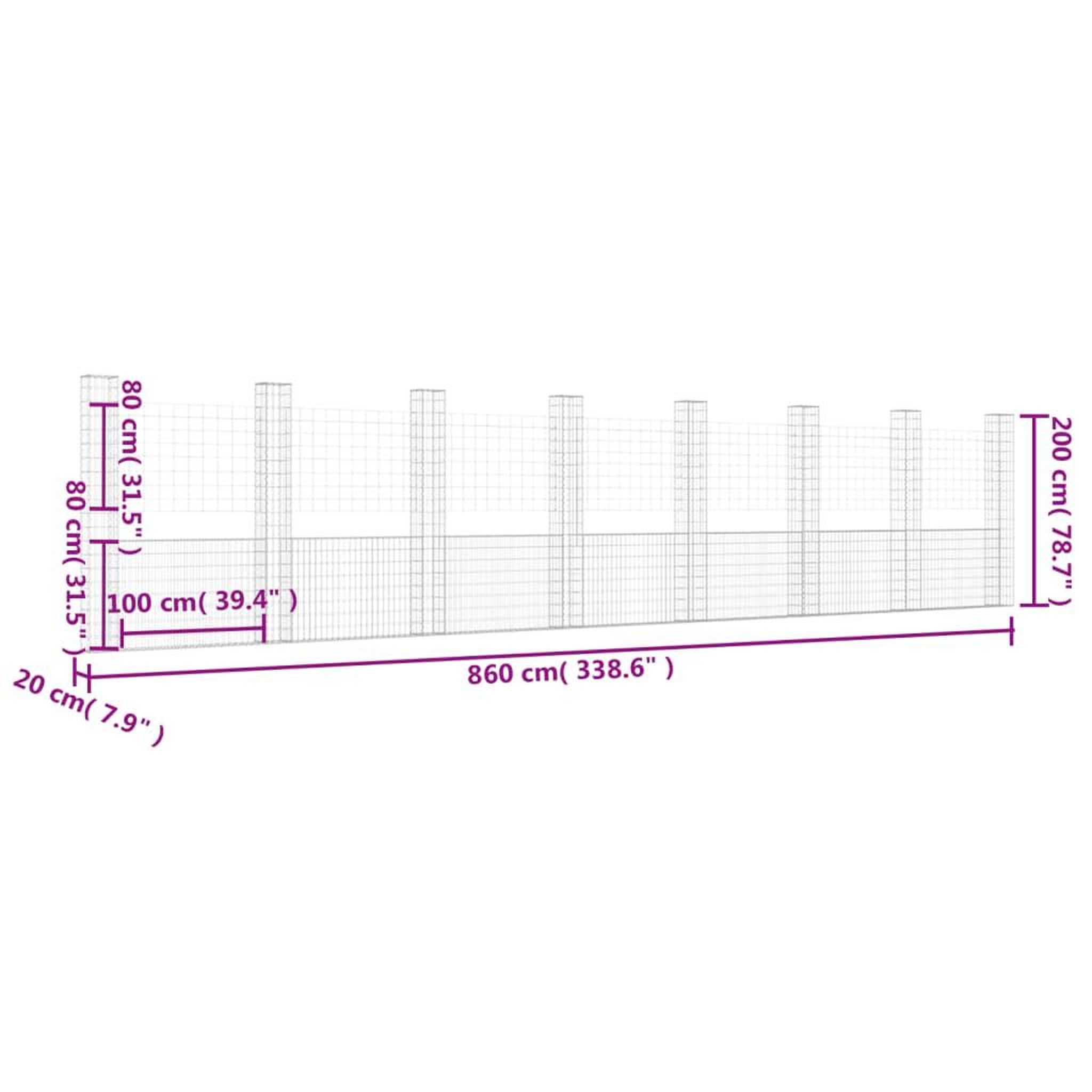 Voir la diapositive 6 : VIDAXL Panier de gabion en forme de U avec 8 poteaux Fer 860x20x200 cm