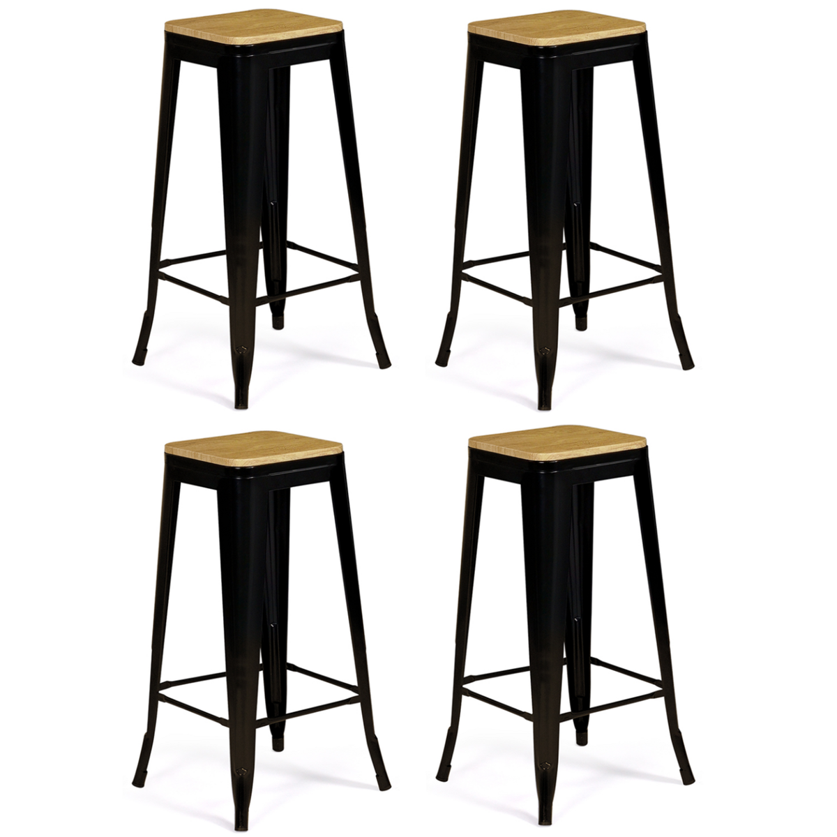ID MARKET Lot de 4 tabourets de bar LENY métal noir mat assise bois empilable aspect brut factory