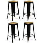 ID MARKET Lot de 4 tabourets de bar LENY métal noir mat assise bois empilable aspect brut factory