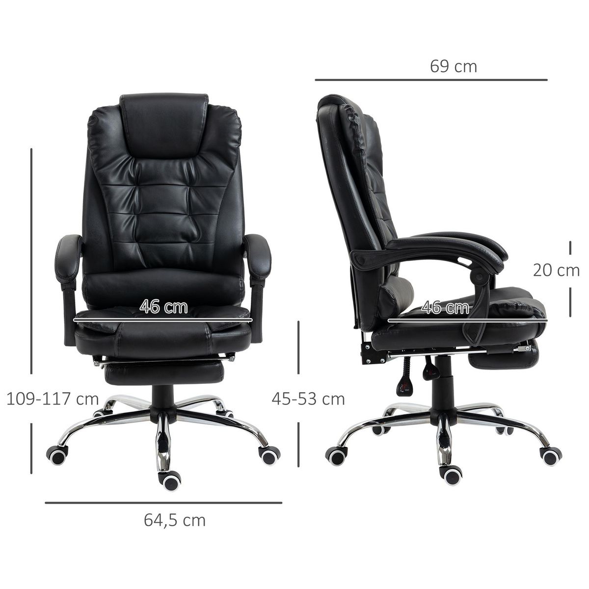 HOMCOM Fauteuil de bureau fauteuil manager grand confort réglable dossier inclinable repose-pied revêtement synthétique noir