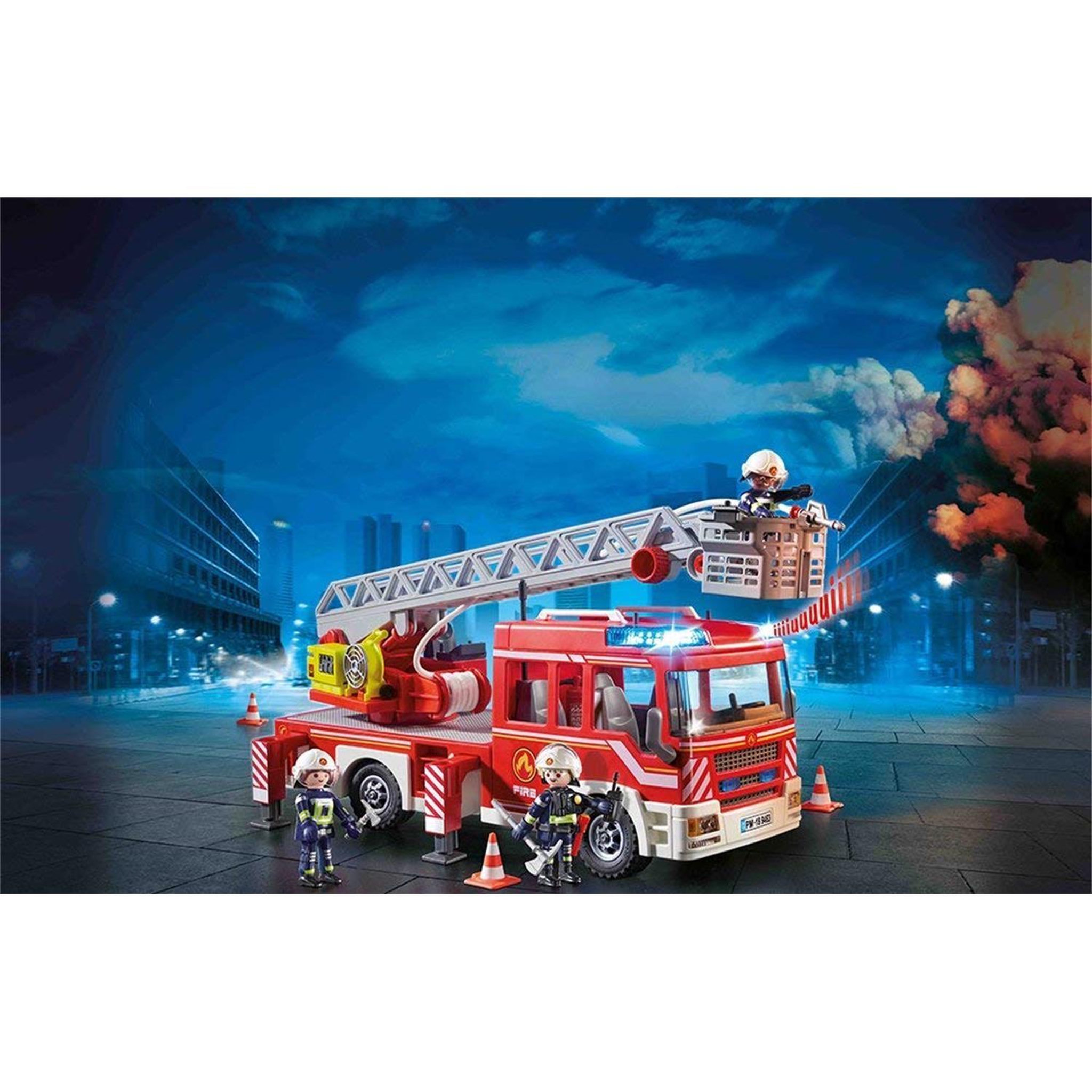 Voir la diapositive 3 : PLAYMOBIL Set de : Pompiers avec coussin de sauvetage + Camion de pompiers avec échelle pivotante