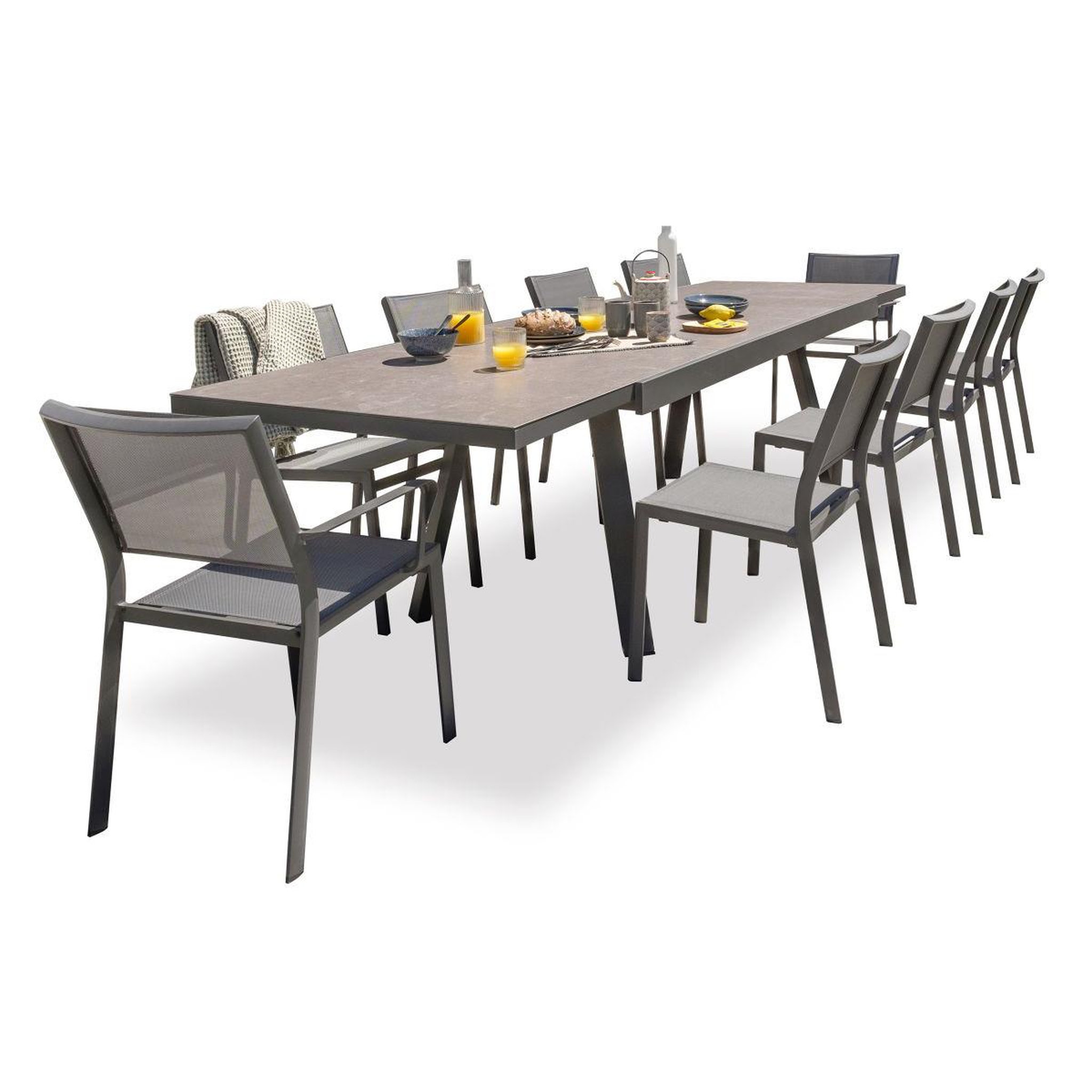 DCB GARDEN Ensemble Table de Jardin en Céramique 8 Chaises & 2 Fauteuils  Stockholm  200-300cm Gris Anthracite