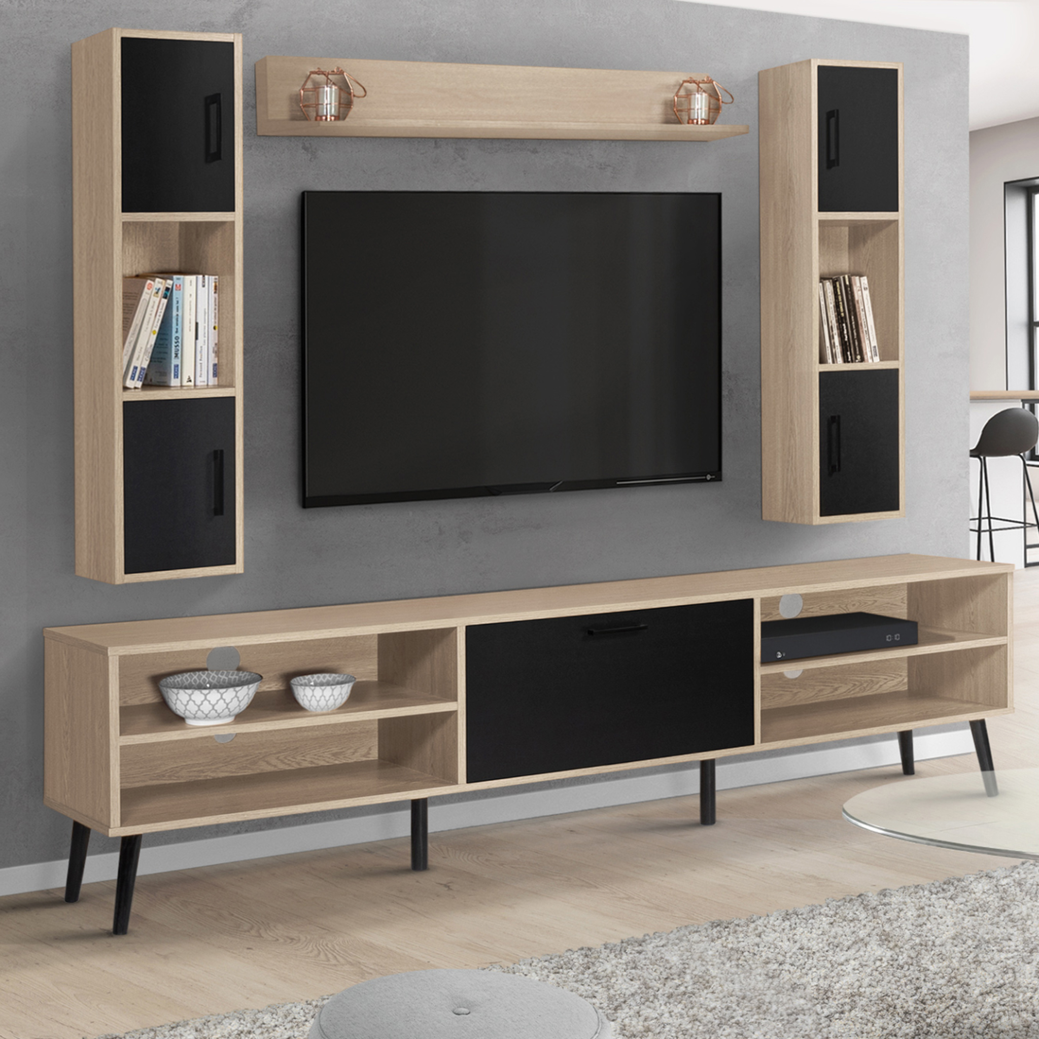 Voir la diapositive 2 : ID MARKET Ensemble meuble tv 180 cm et étagères houston bois et noir