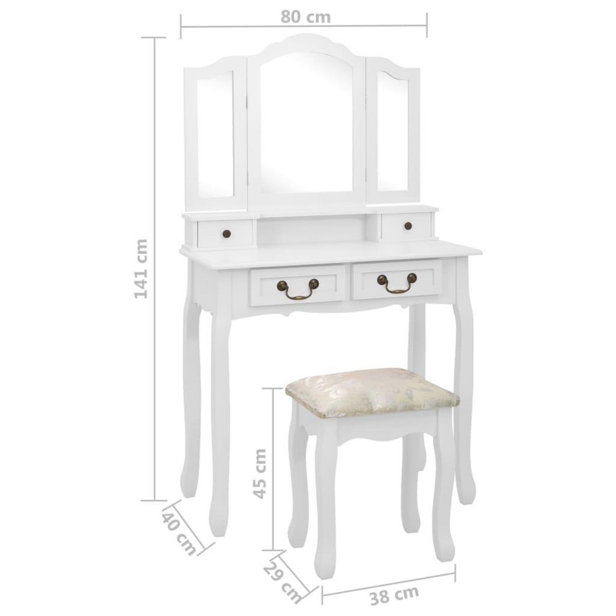 VIDAXL Ensemble de coiffeuse avec tabouret Blanc 80x69x141cm Paulownia