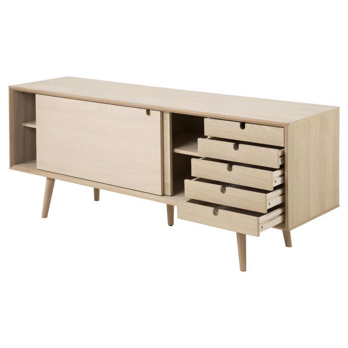 TOILINUX Buffet 5 tiroirs et 2 portes coulissantes en panneaux de particules - Beige