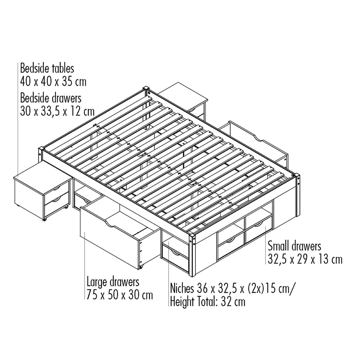 Lit multi-rangements en pin massif 160x200cm SLEEP