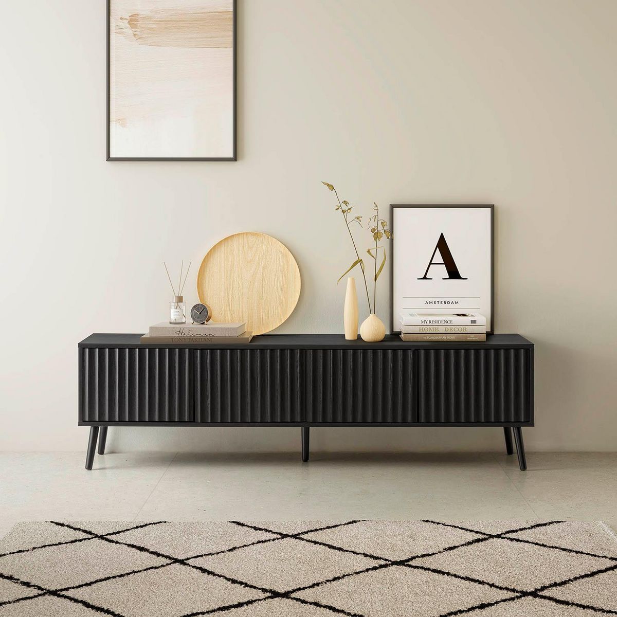 VS VENTA-STOCK Meuble TV Lluvia 4 portes couleur noir