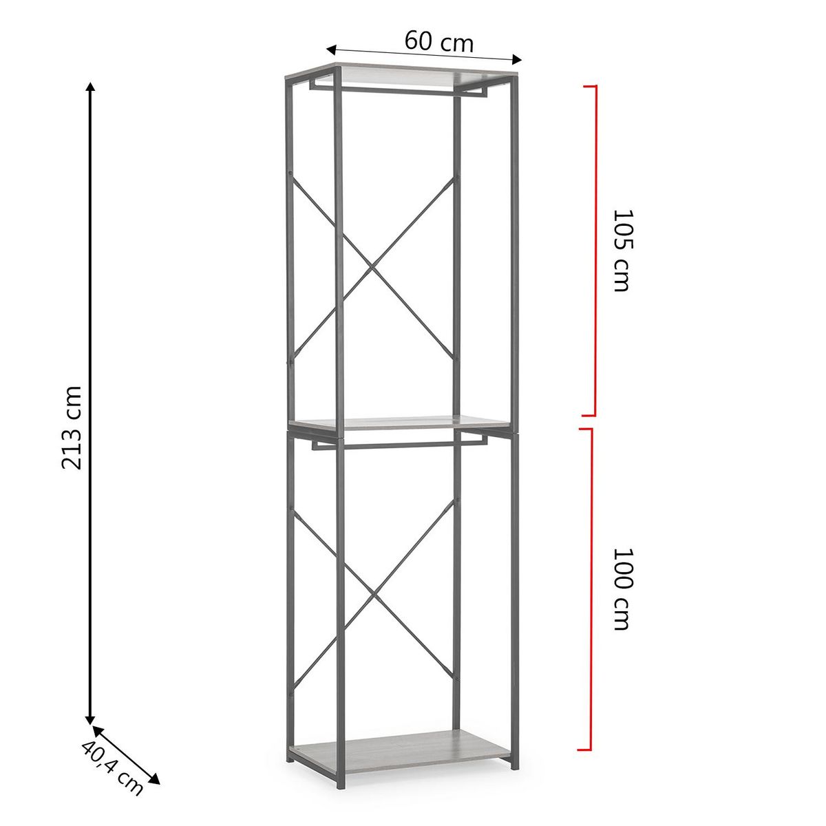 VS VENTA-STOCK Portemanteau Nerea avec 2 étagères et 2 barres, couleur chêne/noir