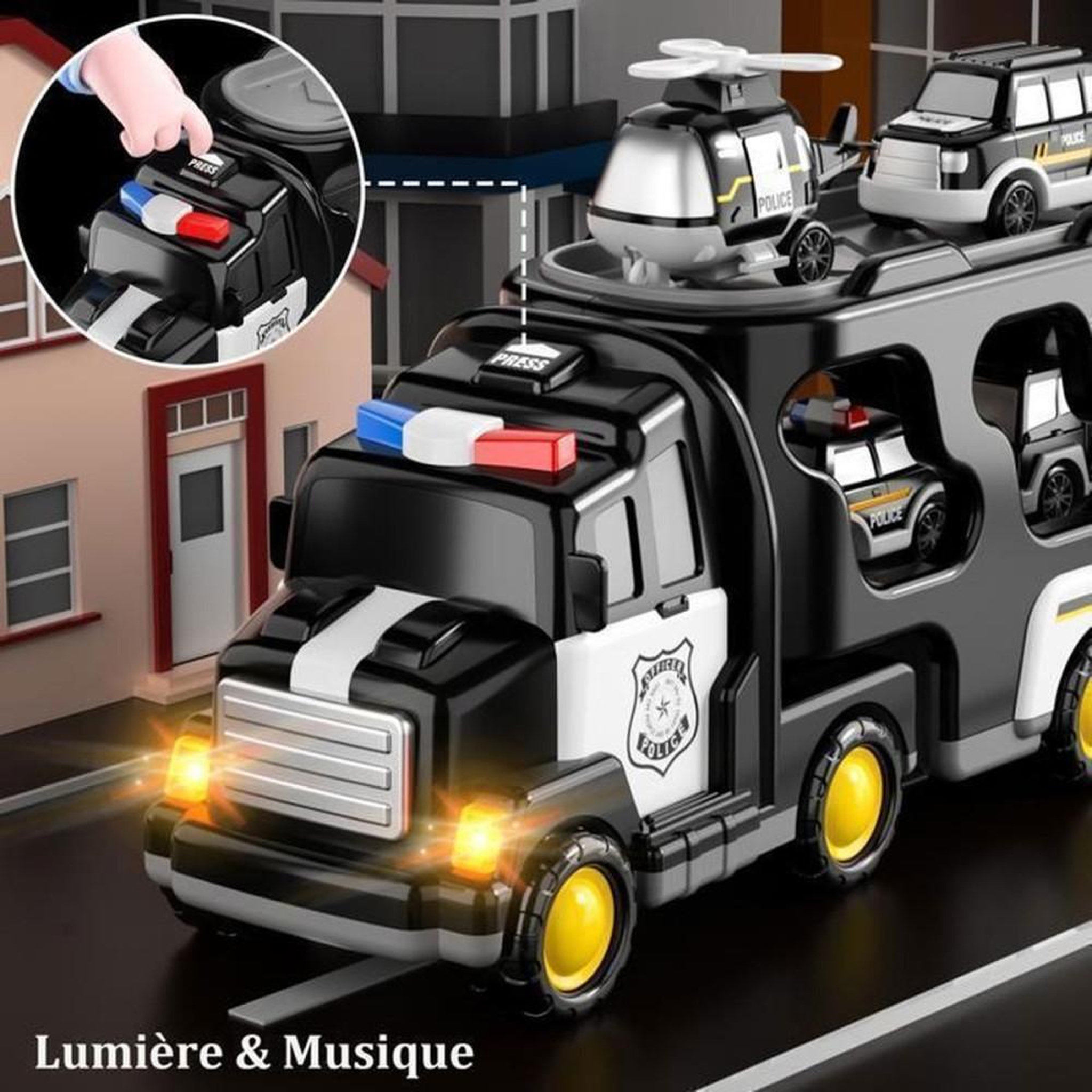 Voir la diapositive 2 : Set 5 véhicules de police : camion porte-voitures, 3 voitures et 1 hélicoptère ABS sans BPA, lumières et musique, noir, dès 3 ans