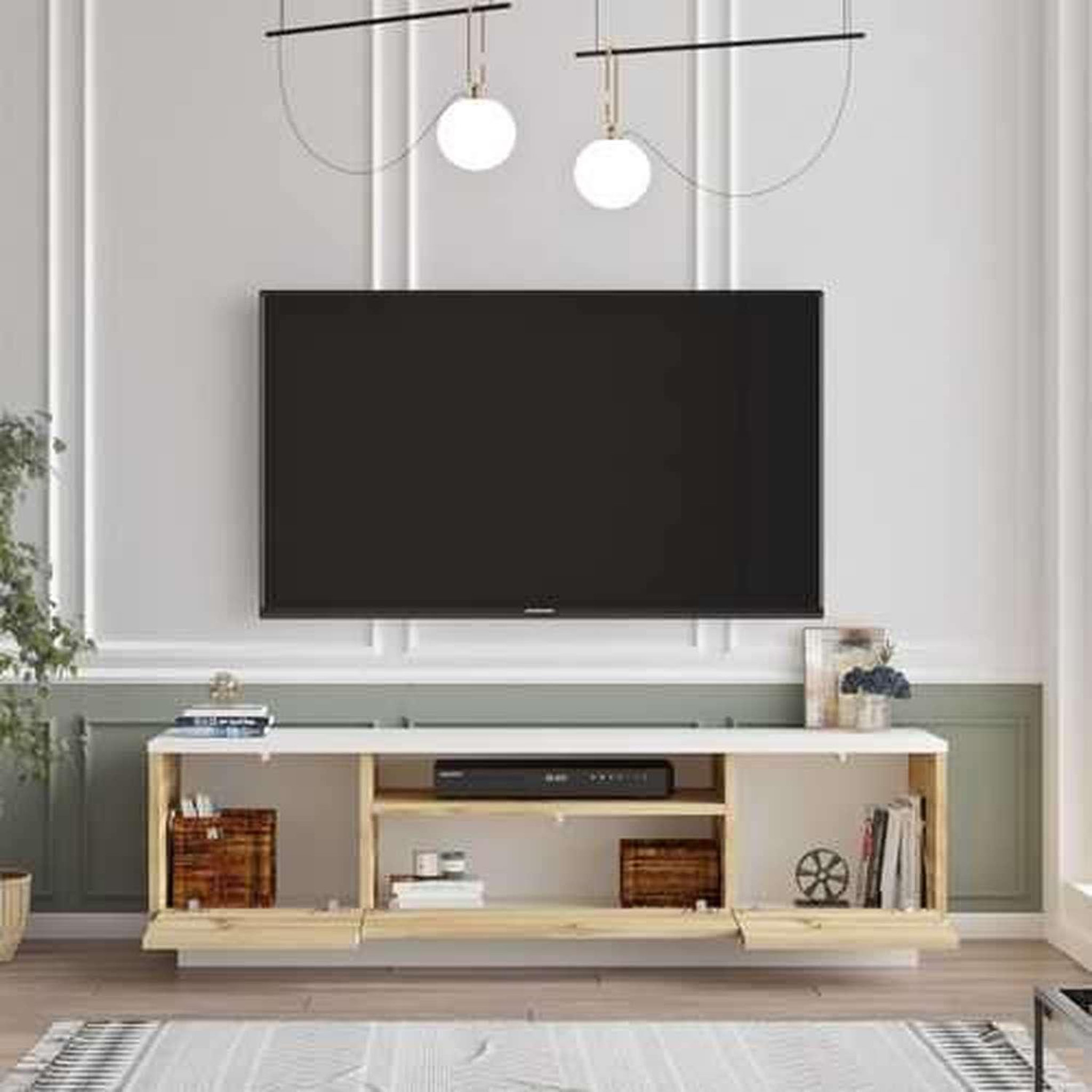 Voir la diapositive 5 : TOILINUX Meuble TV Séville 3 portes et une niche en bois - Blanc et marron