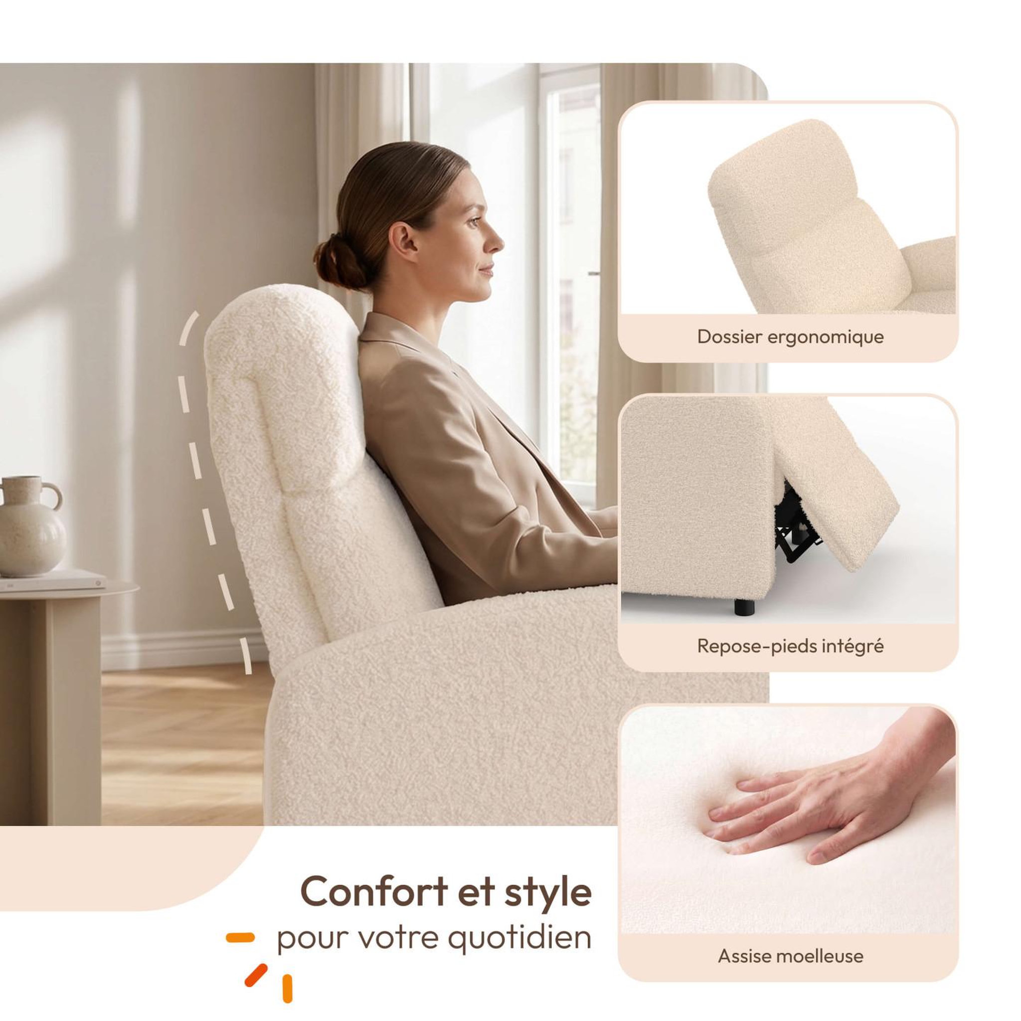 Voir la diapositive 5 : ID MARKET Fauteuil relax caleb en tissu bouclette beige avec dossier inclinable et repose pieds