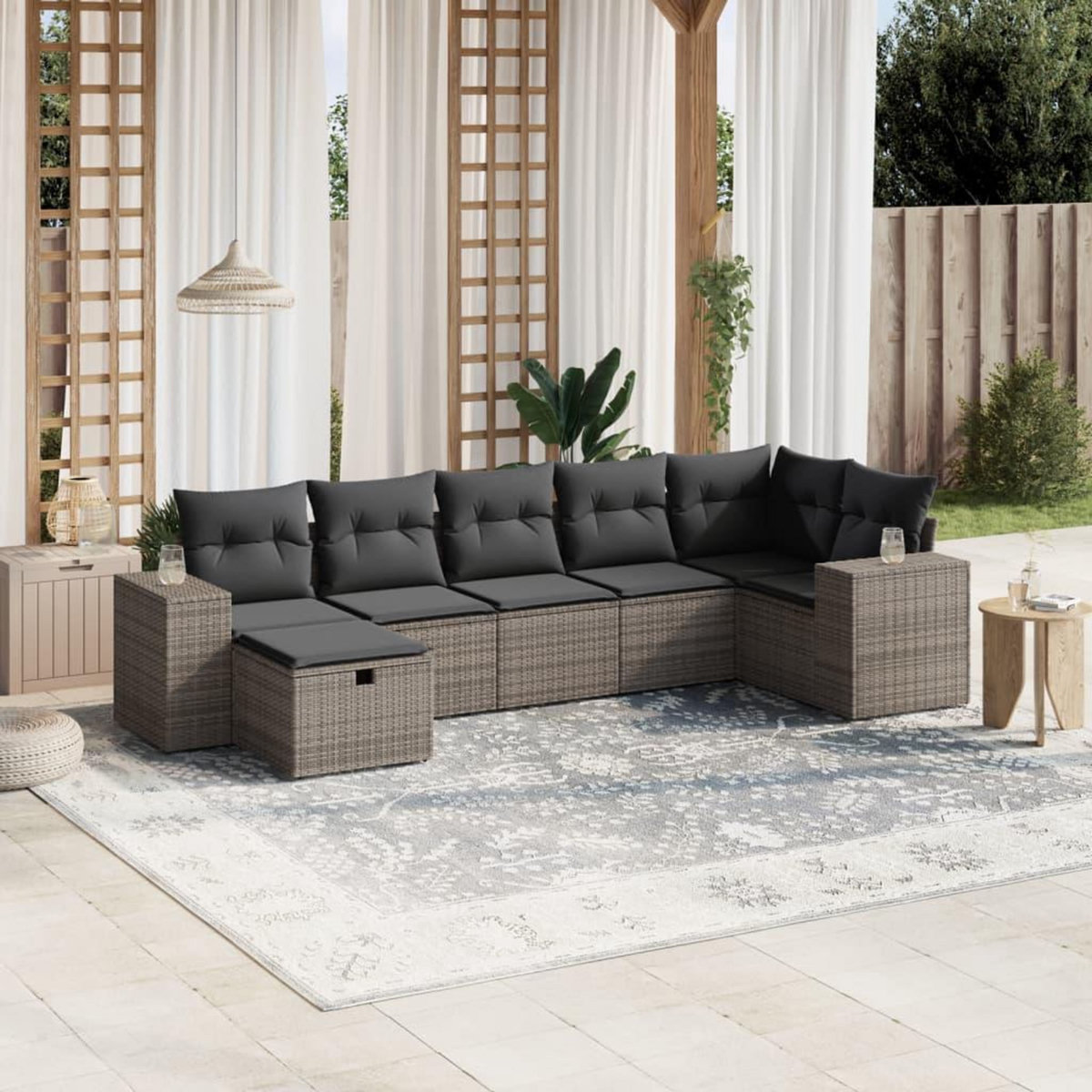 VIDAXL Salon de jardin avec coussins 7 pcs gris resine tressee