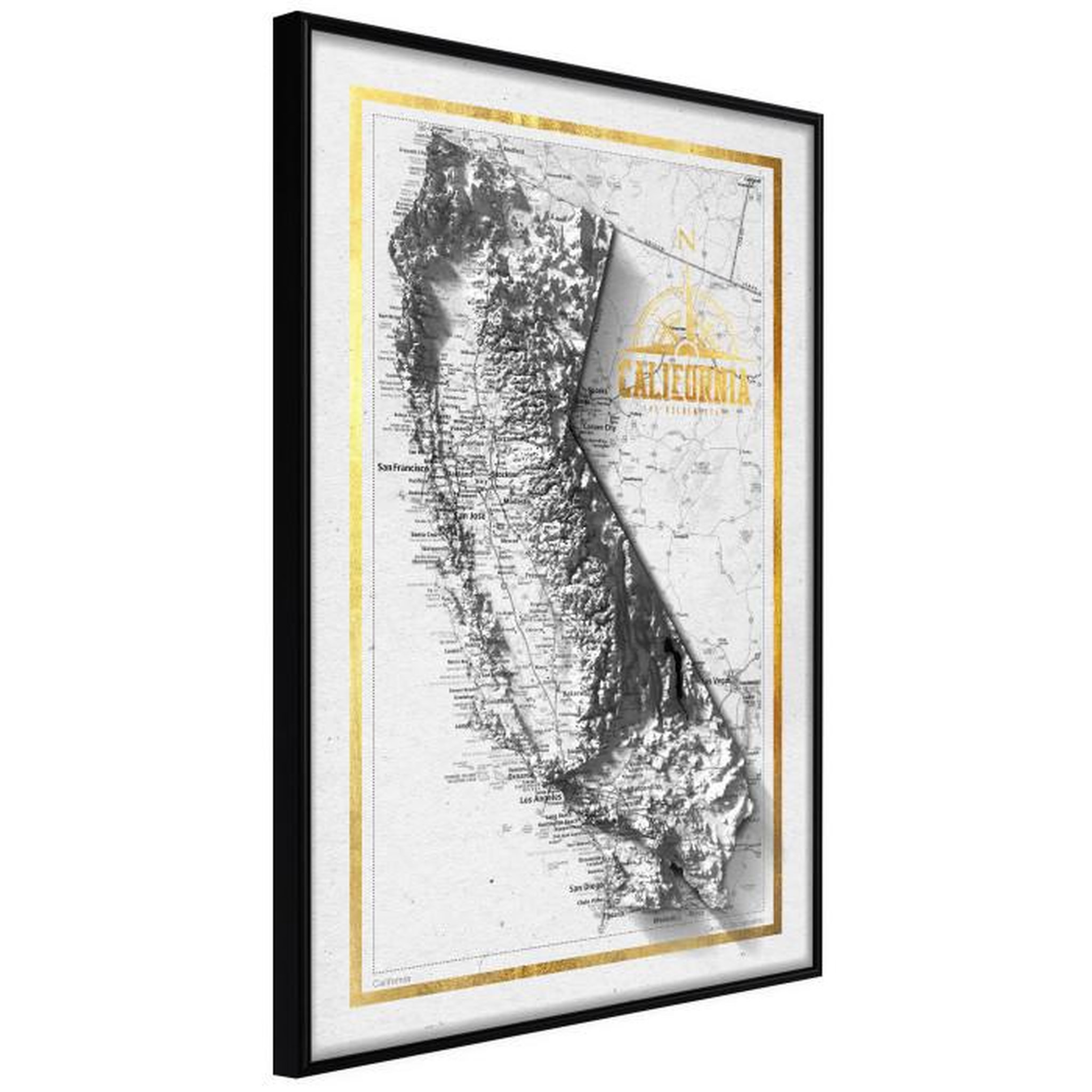 Paris Prix Affiche Murale Encadrée  Raised Relief Map California. Coloris disponibles : Noir, Jaune