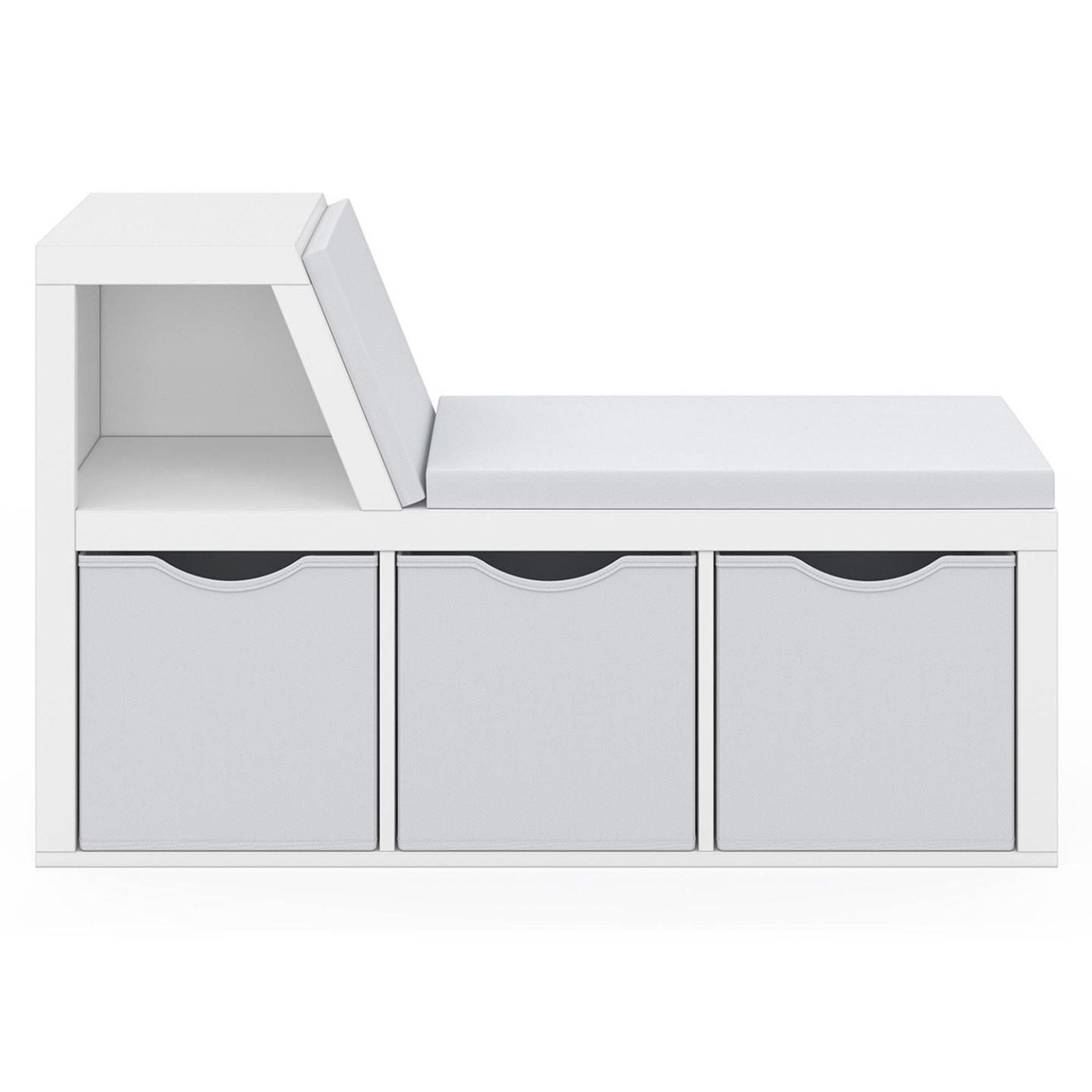 Voir la diapositive 3 : ID MARKET Bibliothèque banc oscar 4 cases avec coussins gris et bacs tissus 102 cm blanc