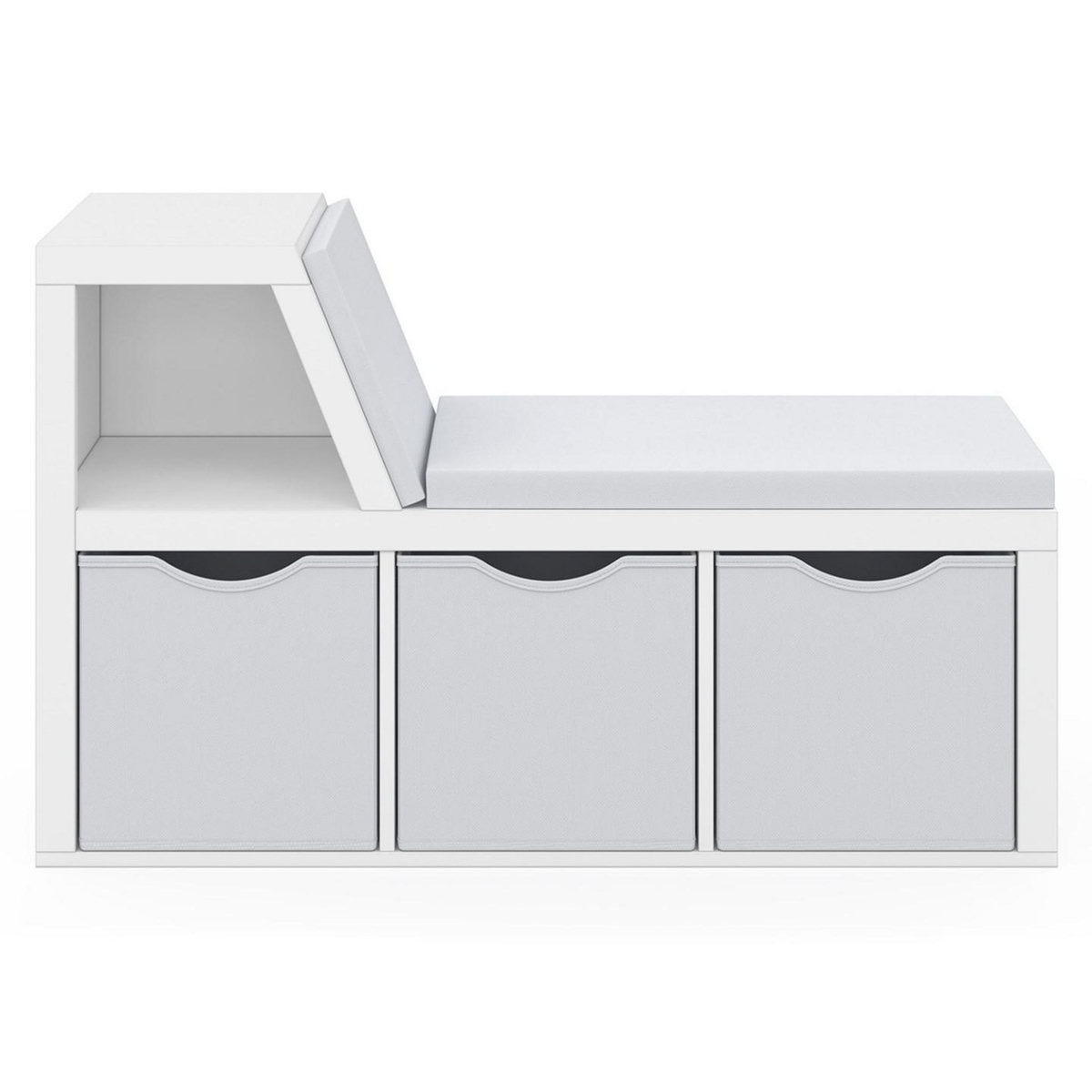 ID MARKET Bibliothèque banc OSCAR 4 cases avec coussins gris et bacs tissus 102 cm blanc