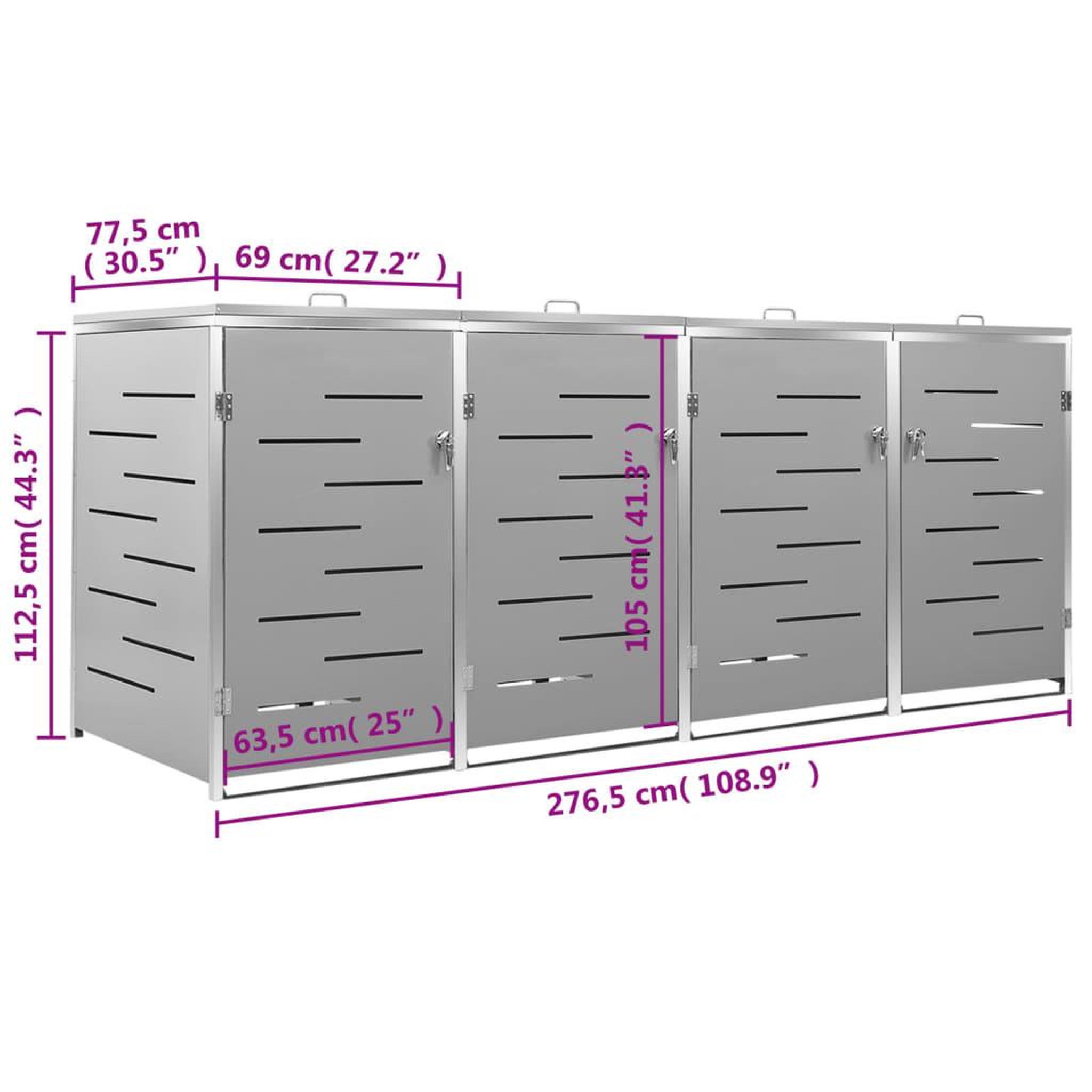 Voir la diapositive 6 : VIDAXL Abri pour quatre poubelles 276,5x77,5x112,5 cm Inox