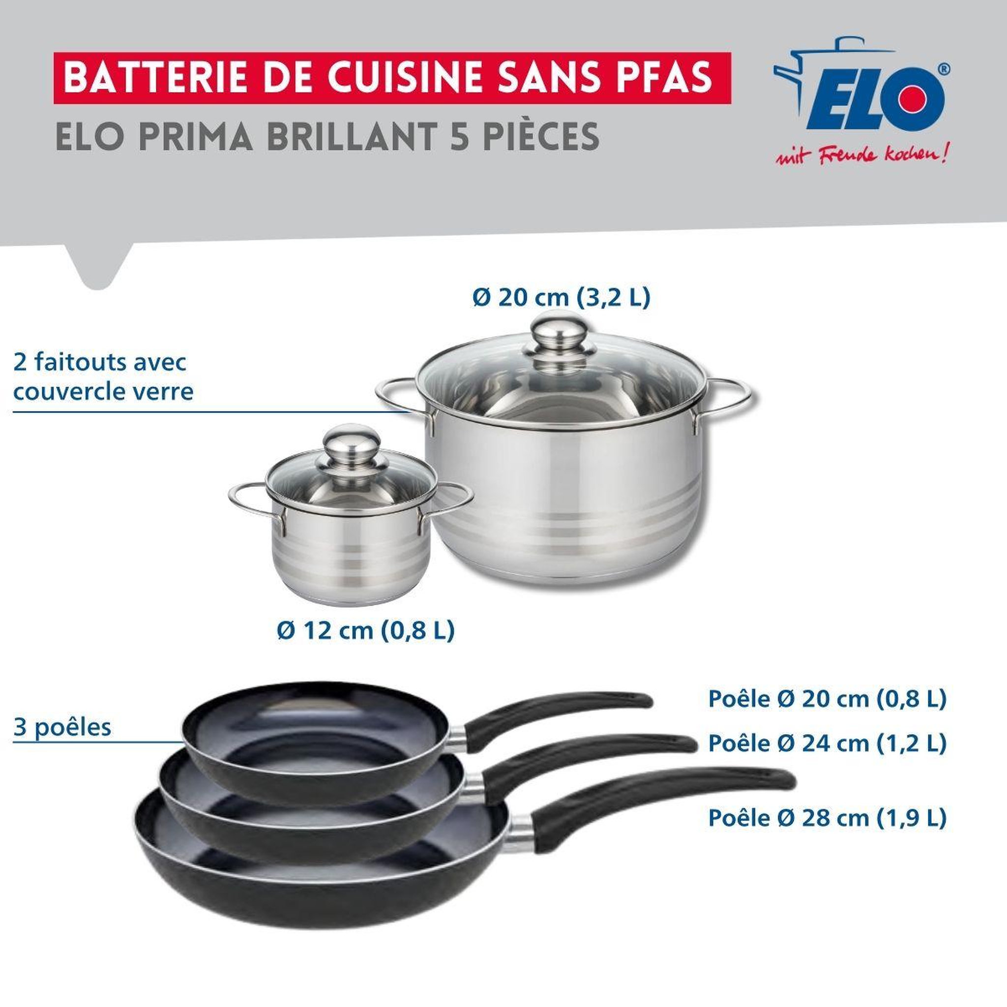 Voir la diapositive 2 : ELO Ensemble de 3 poêles de cuisson 20, 24 et 28 cm et 2 faitouts 12 et 20 cm elo prima brillant