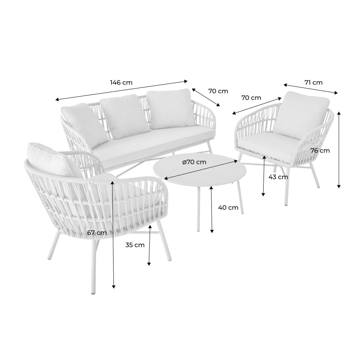 SWEEEK Salon de jardin en corde et acier. table plateau en zinc. 4 places