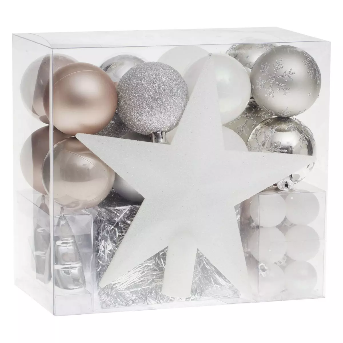 FEERIC LIGHT & CHRISTMAS Kit Décoration pour sapin de Noël - 44 Pièces - Taupe, argent et gris