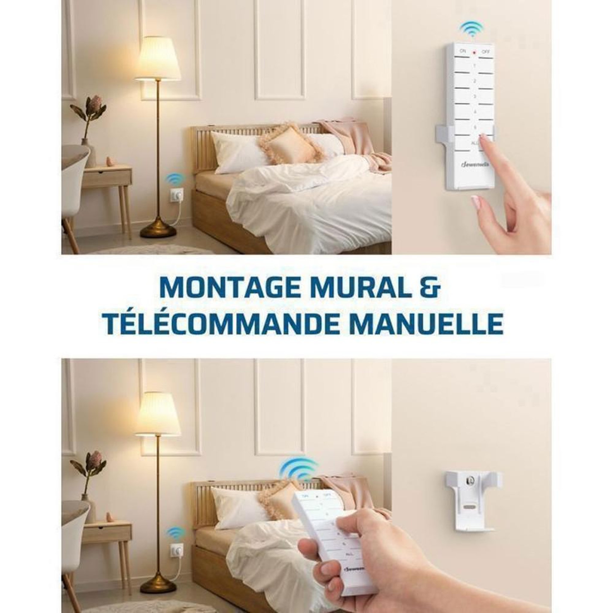Voir la diapositive 4 : Kit prises connectées télécommandées 4 sorties + 1 télécommande, EU Type E/F, contrôle RF 433,92 MHz jusqu'à 30 m, blanc