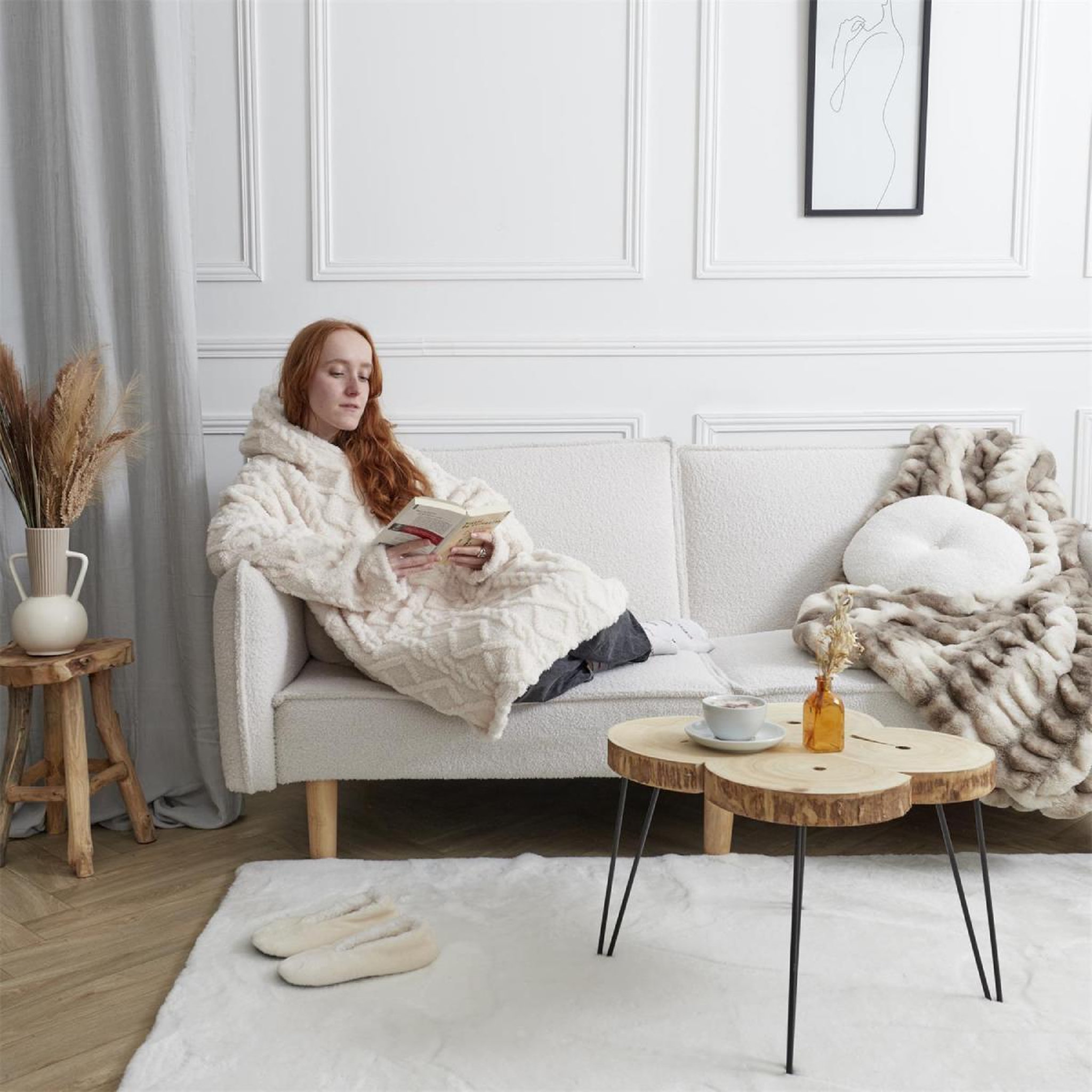Voir la diapositive 3 : The Home Deco Factory Plaid sweat à capuche  jacquard  85x118cm crème