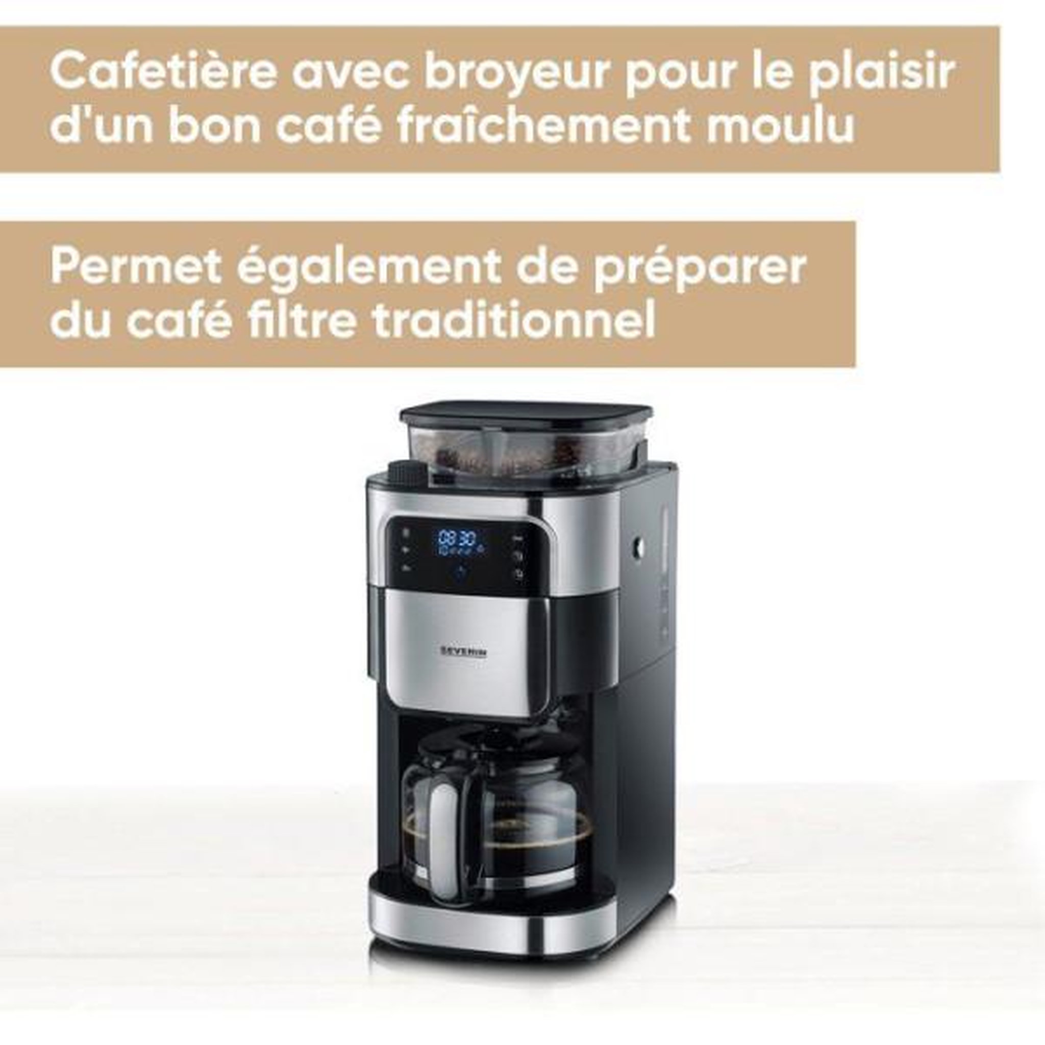 Voir la diapositive 2 : SEVERIN Machine a Cafe - Cafetiere Electrique  filtre avec broyeur intégré - SEVERIN - KA4813 -  a café écran tactile - verseuse 10 tasses - Noir/Inox