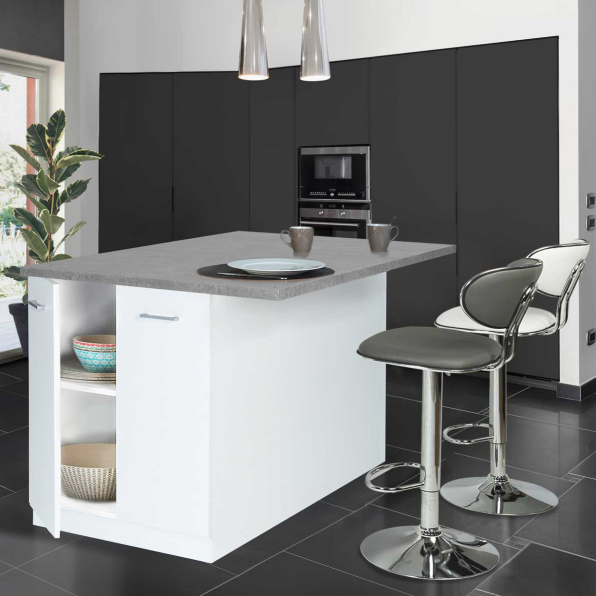 ID MARKET Ilot central IVO 120 cm blanc avec plan de travail effet béton