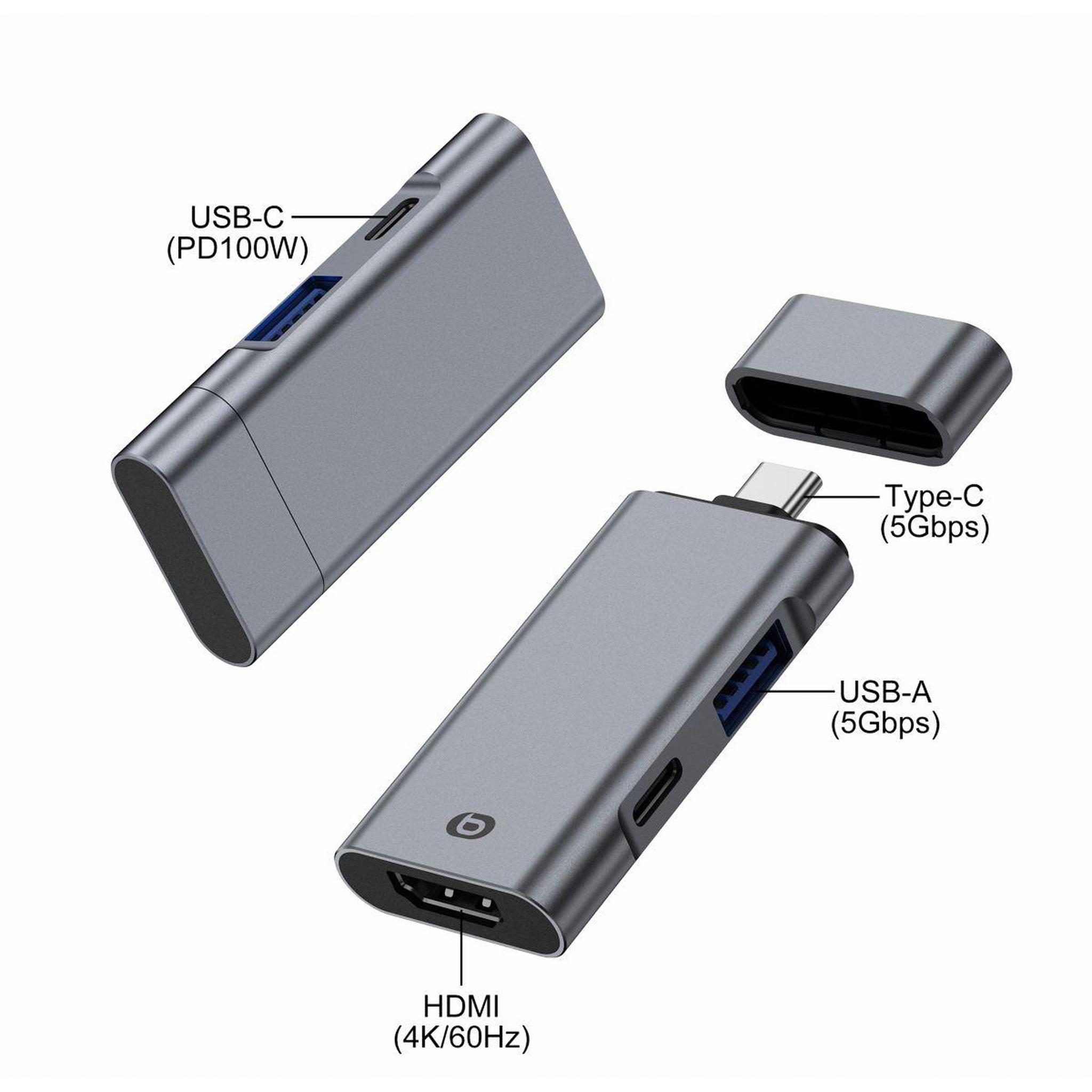 Voir la diapositive 2 : ESSENTIEL B Hub USB C 3 en 1 avec HMDI - PD - USB-A 3.0