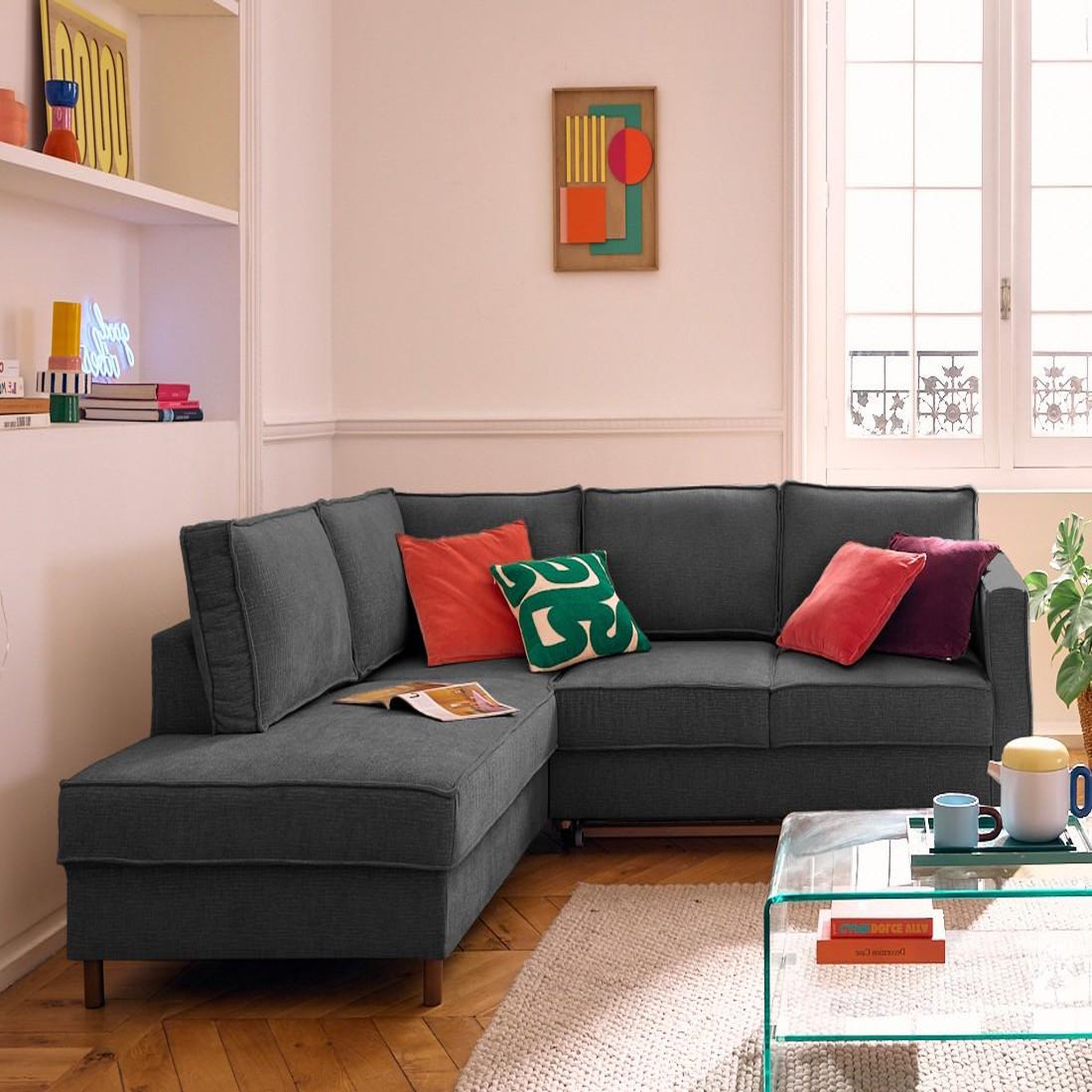Voir la diapositive 1 : LISA DESIGN Jake - canapé d'angle gauche 5 places convertible en tissu velours relief