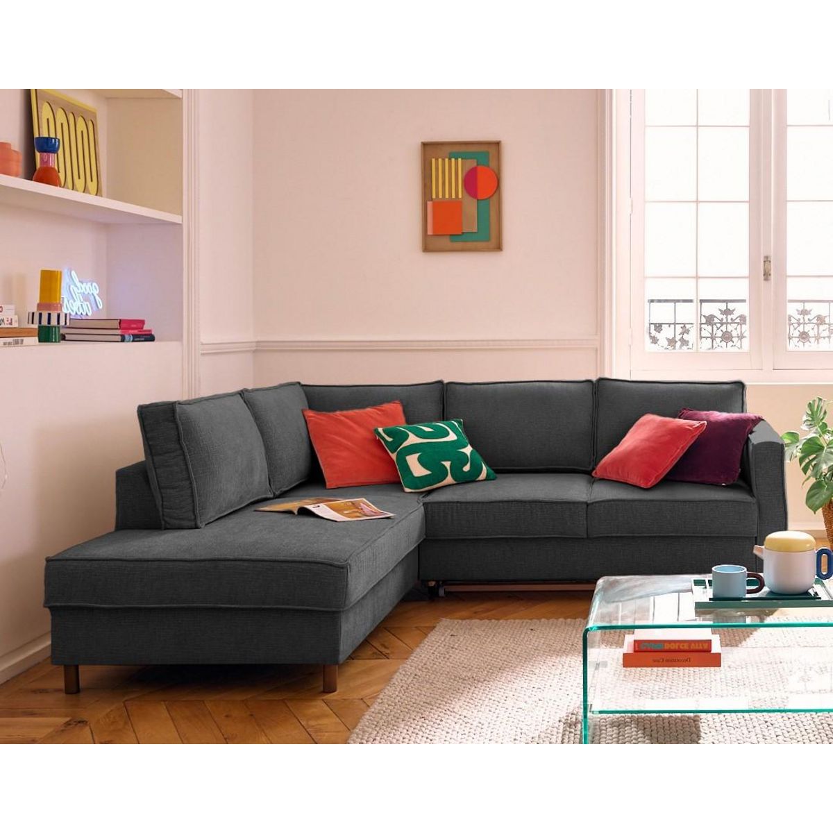 LISA DESIGN Jake - canapé d'angle gauche 5 places convertible en tissu velours relief