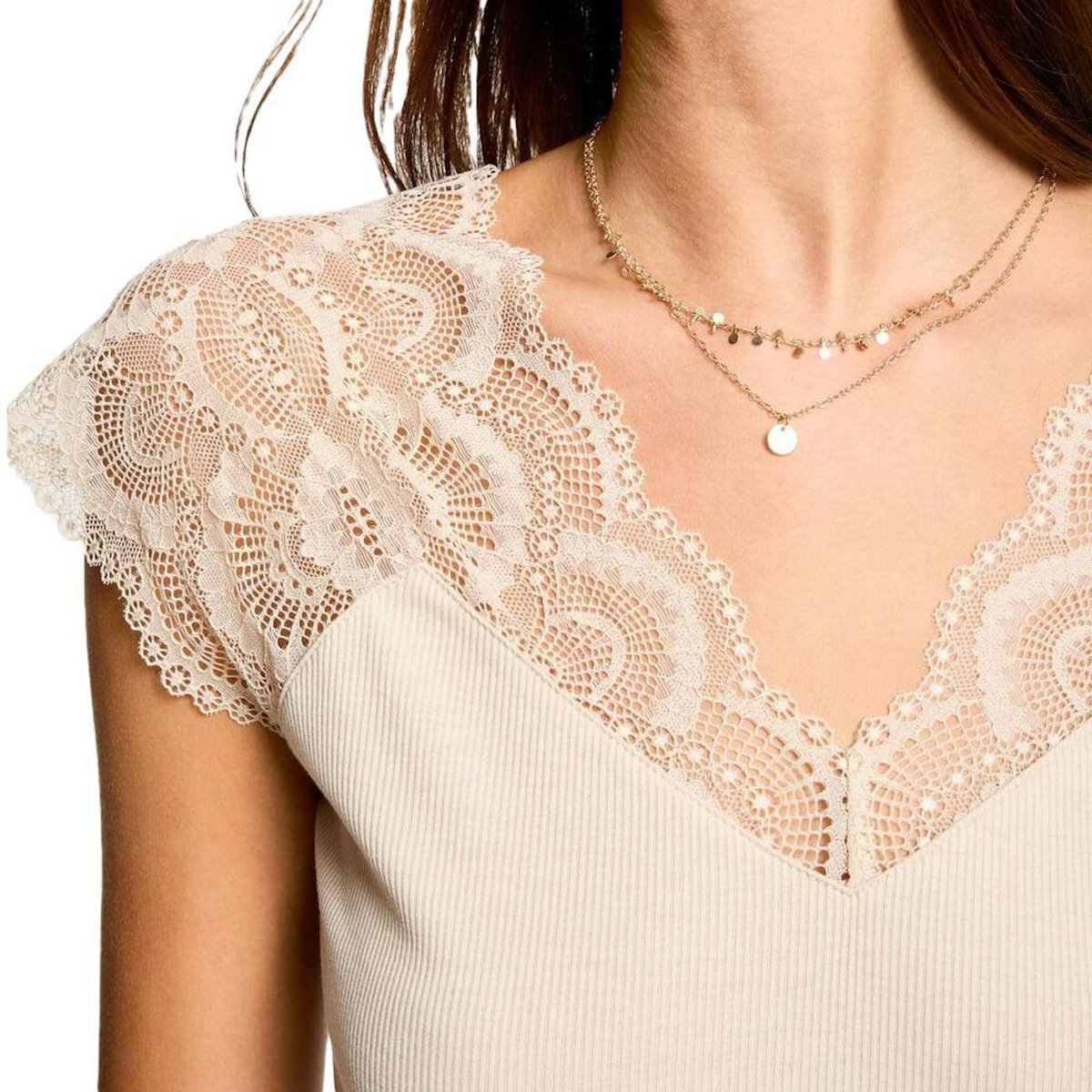 MORGAN T-Shirt Beige Femme Morgan Dentelle