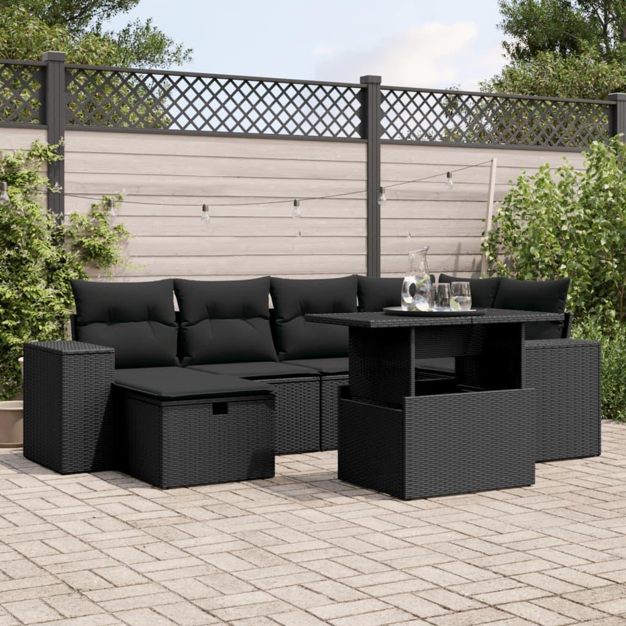 VIDAXL Salon de jardin 7 pcs avec coussins noir resine tressee