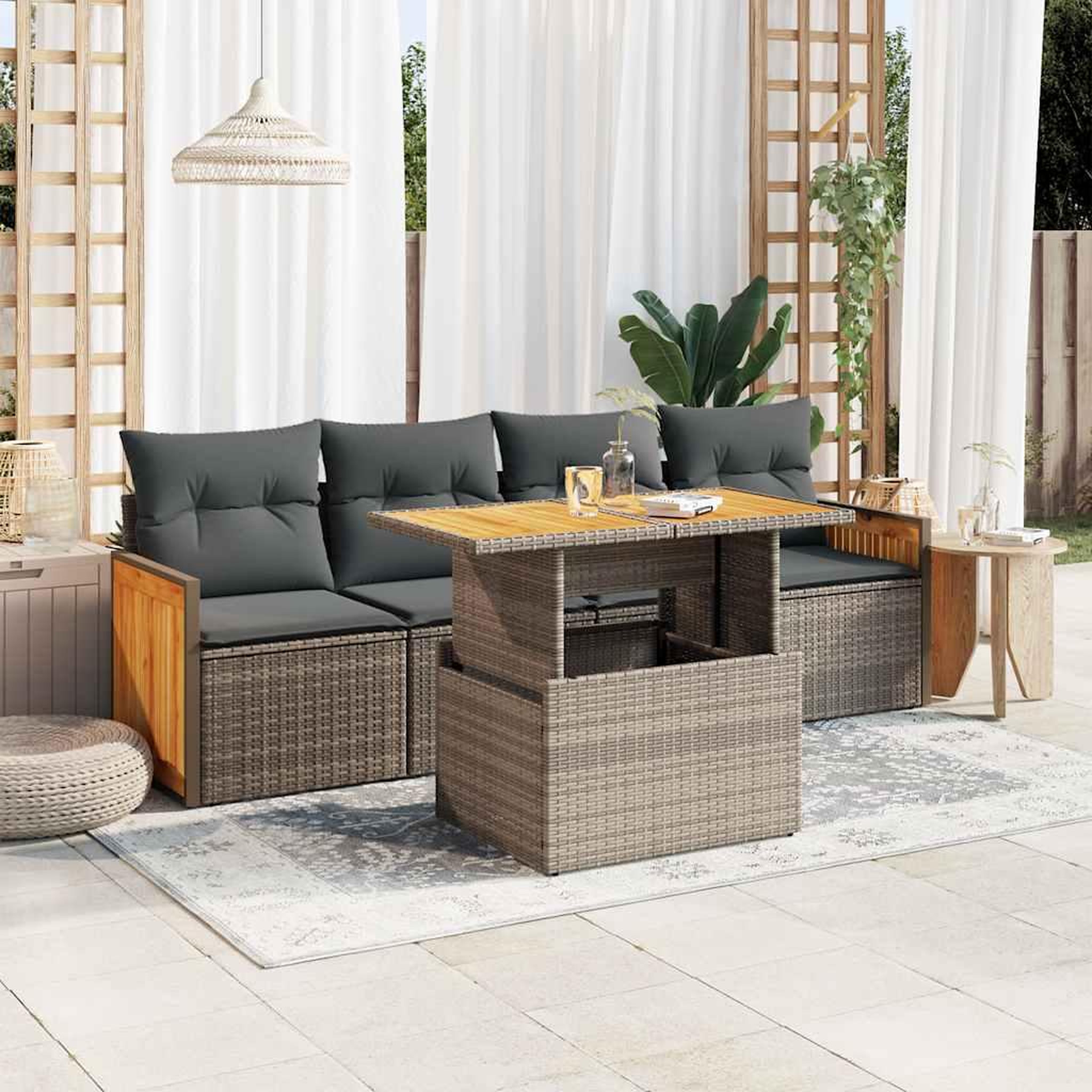 VIDAXL Salon de jardin 5 pcs avec coussins gris resine tressee acacia