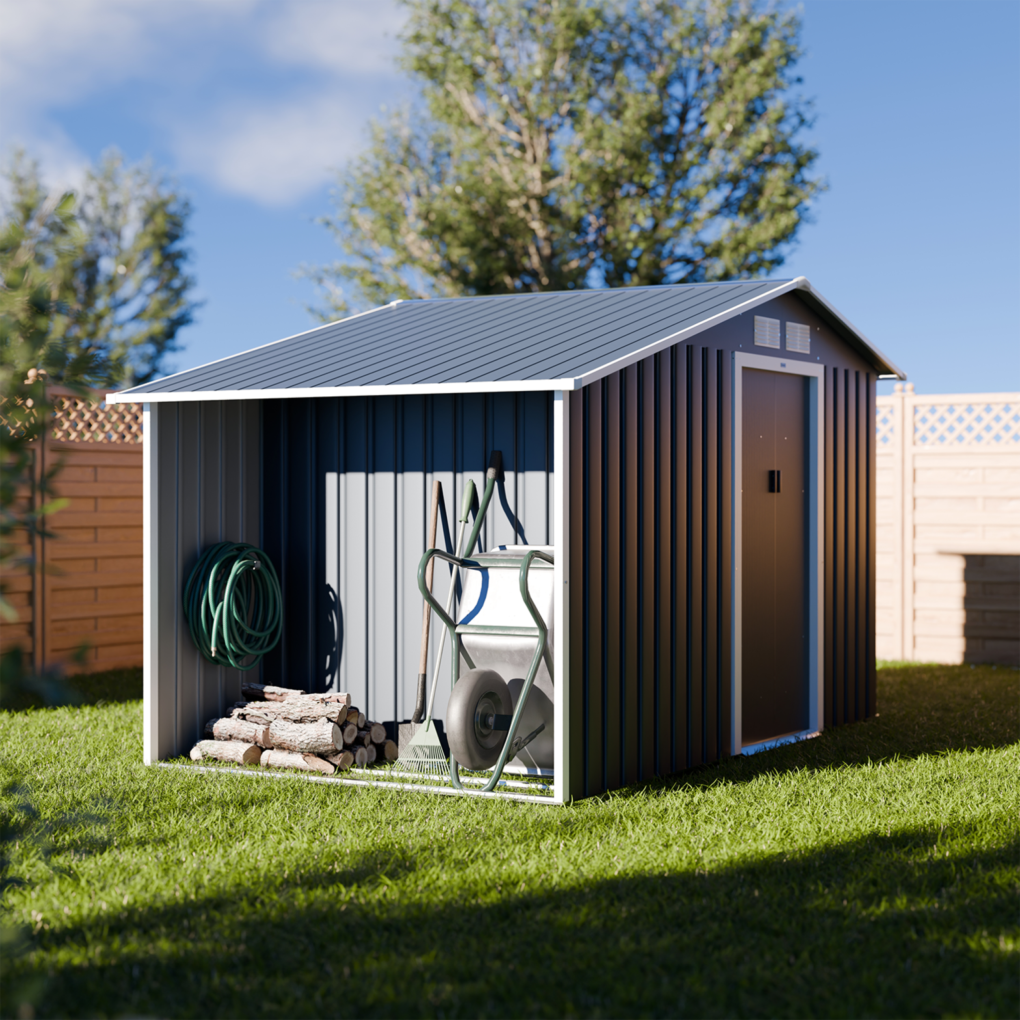 Voir la diapositive 2 : SWEEEK Abri de jardin métal 5.42 m² - Scarpe - Anthracite. en acier galvanisé - Avec espace de rangement. abri bûches - Double porte coulissante. toiture double pente. L 278 x P 195 x H 195 cm