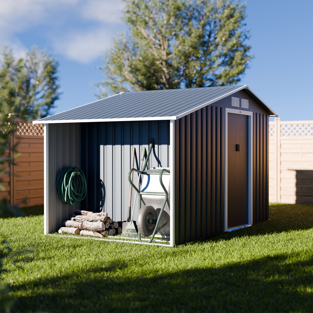 SWEEEK Abri de jardin métal 5.42 m² - Scarpe - Anthracite. en acier galvanisé - Avec espace de rangement. abri bûches - Double porte coulissante. toiture double pente. L 278 x P 195 x H 195 cm