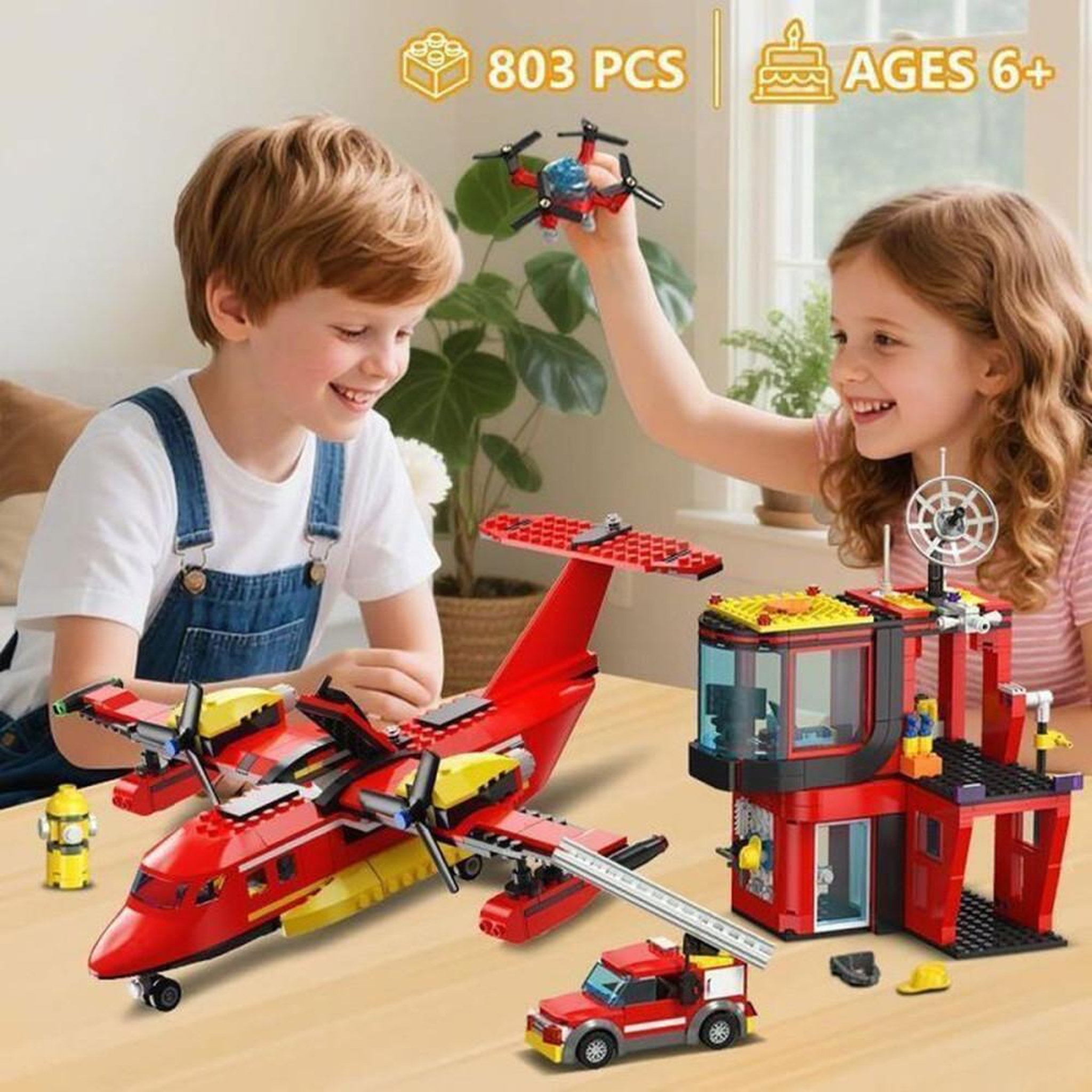 Voir la diapositive 3 : Set de construction 3 en 1, véhicules de secours aérien et camion de pompiers à échelle