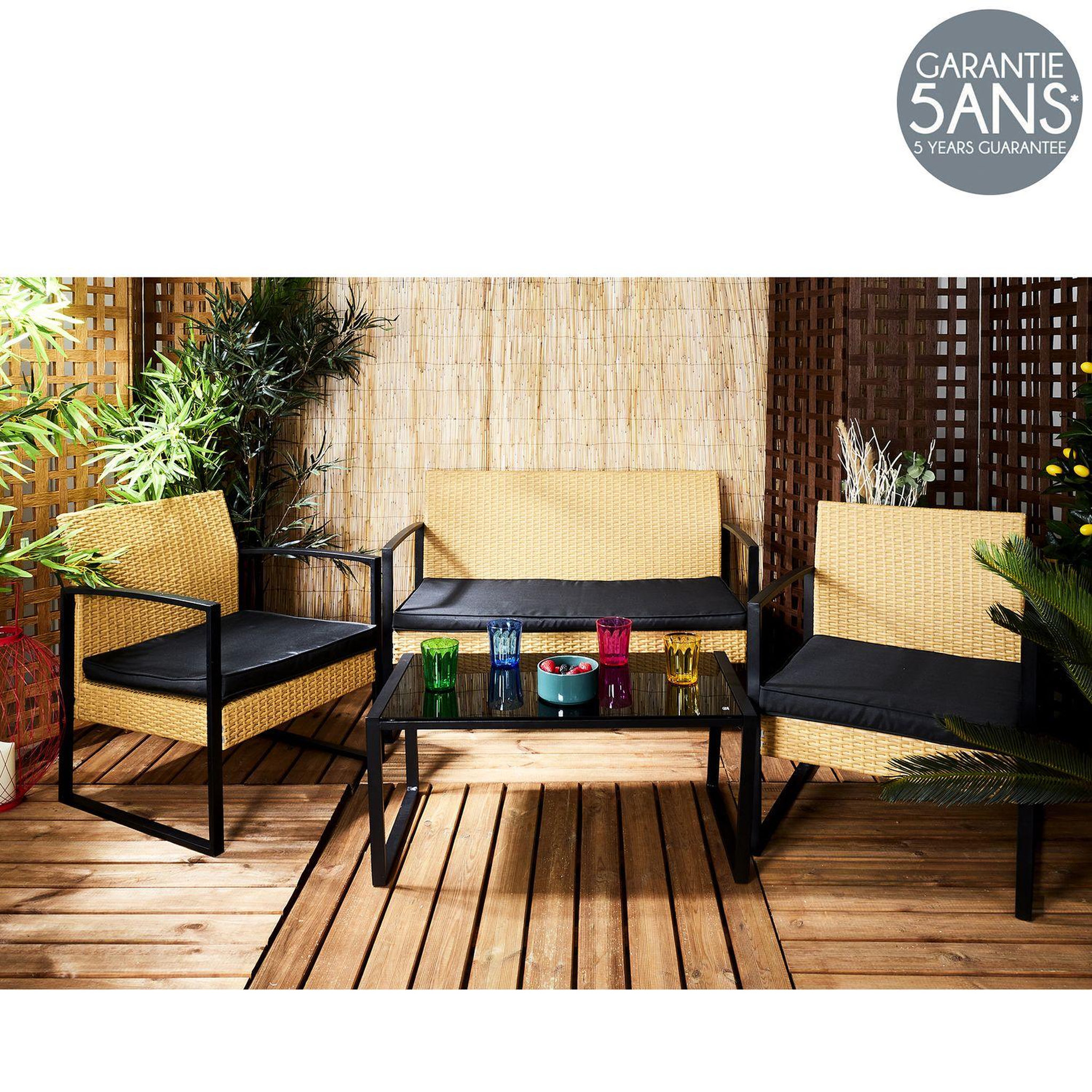 Voir la diapositive 2 : TOILINUX Salon de jardin alicante 4 places effet cannage - beige et noir