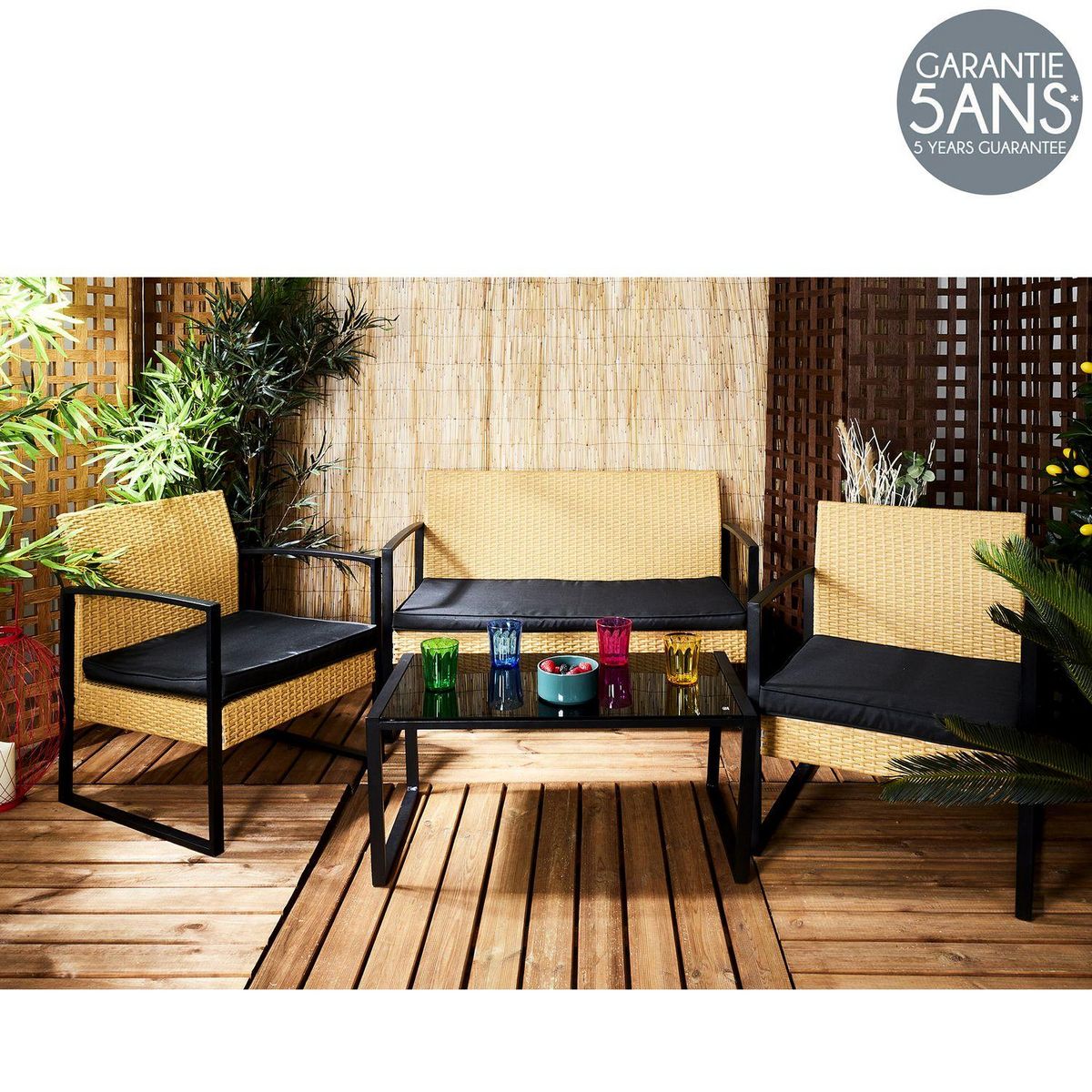 TOILINUX Salon de jardin Alicante 4 places effet cannage - Beige et Noir