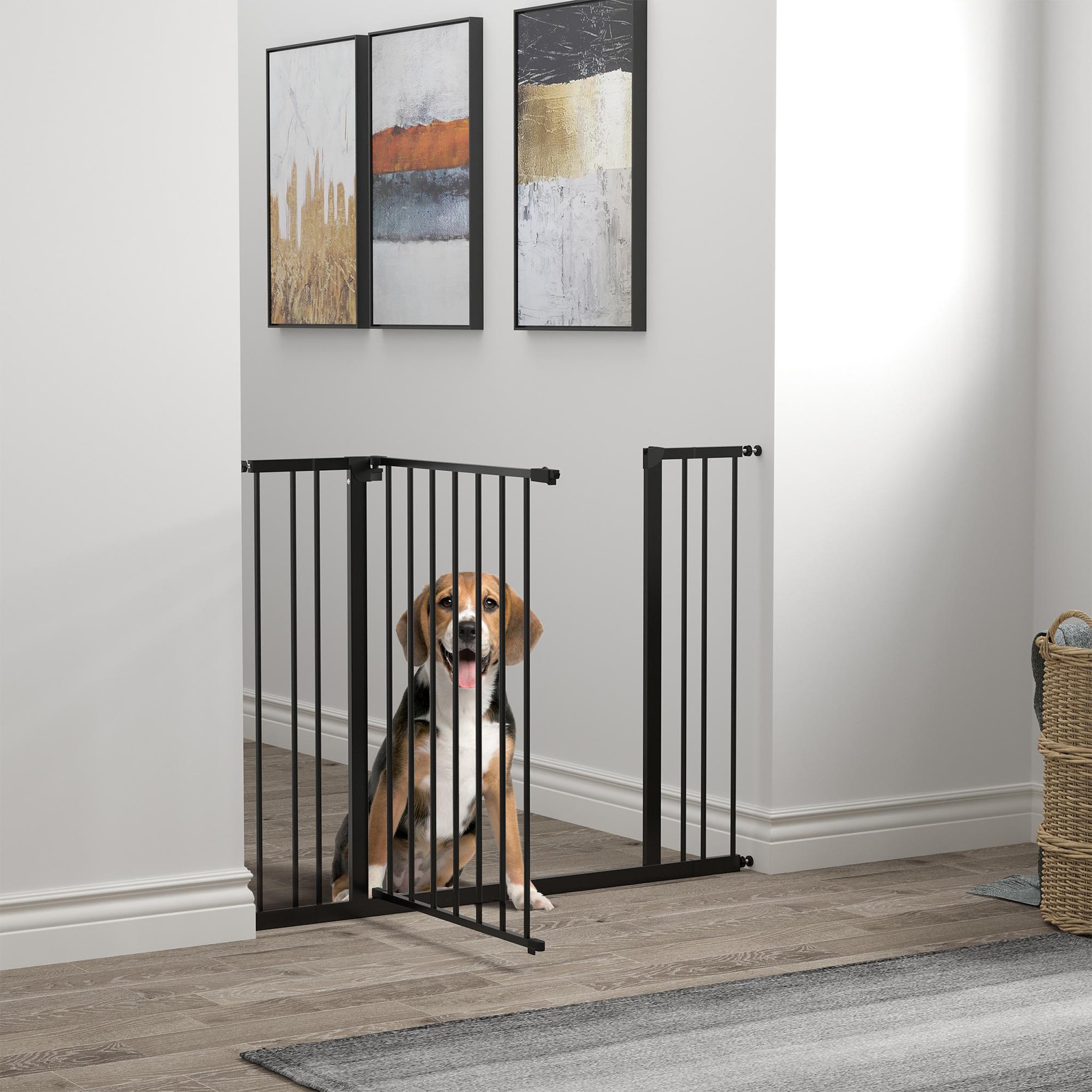 Voir la diapositive 2 : PAWHUT Barrière de sécurité longueur réglable dim. 76-107l x 76h cm sans perçage métal plastique noir