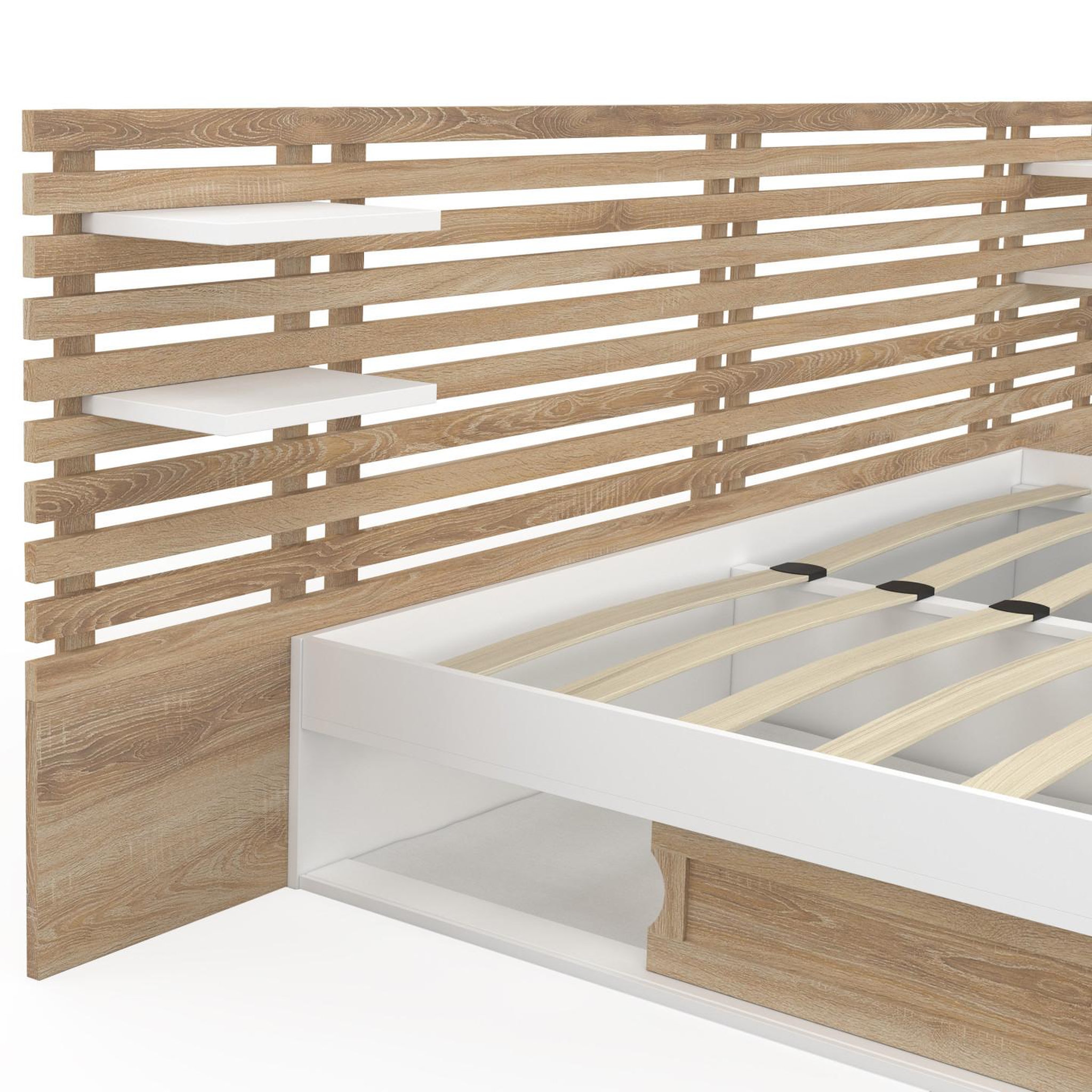 Voir la diapositive 5 : ID MARKET Lit double savana avec tête de lit, chevets, rangements et sommier 180 x 200 cm façon hêtre et blanc