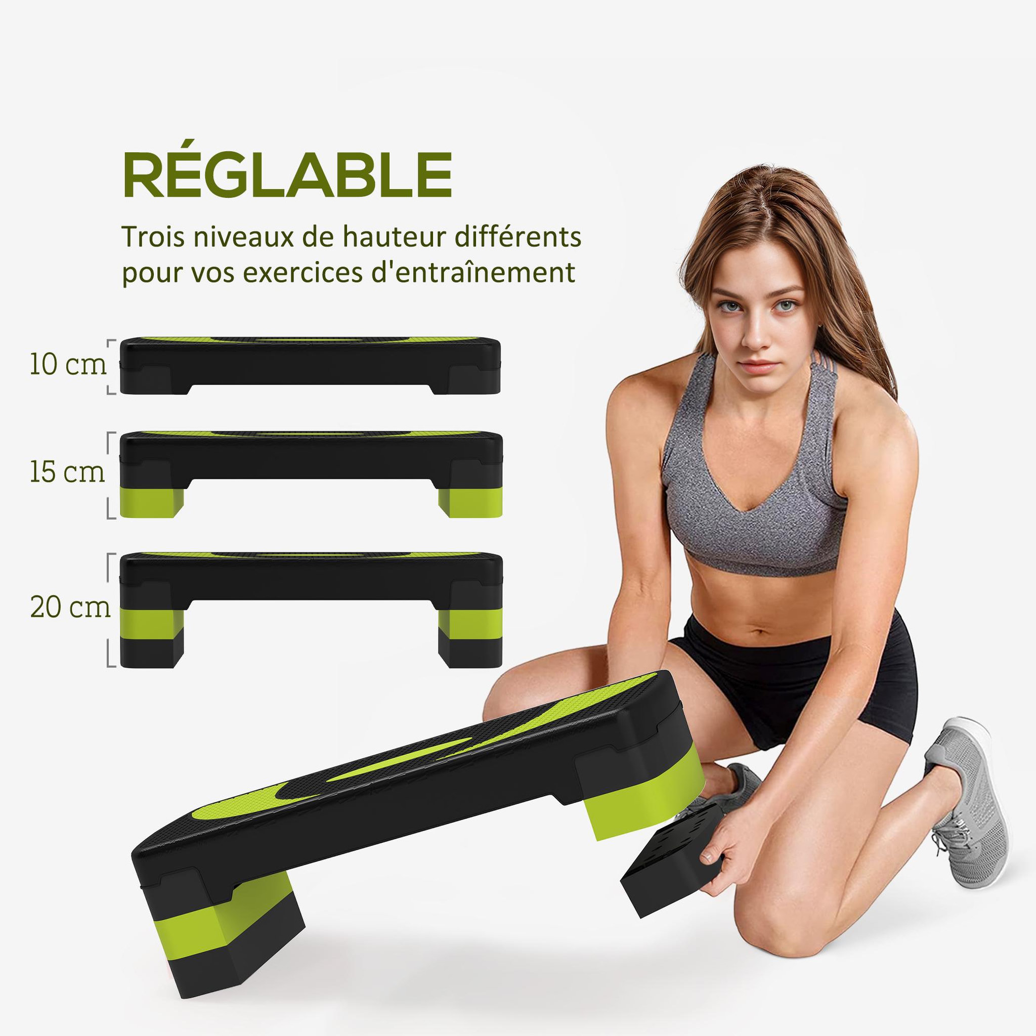 Voir la diapositive 4 : HOMCOM Stepper fitness aérobic hauteur réglable surface antidérapante 80 x 31 x 20 cm noir vert