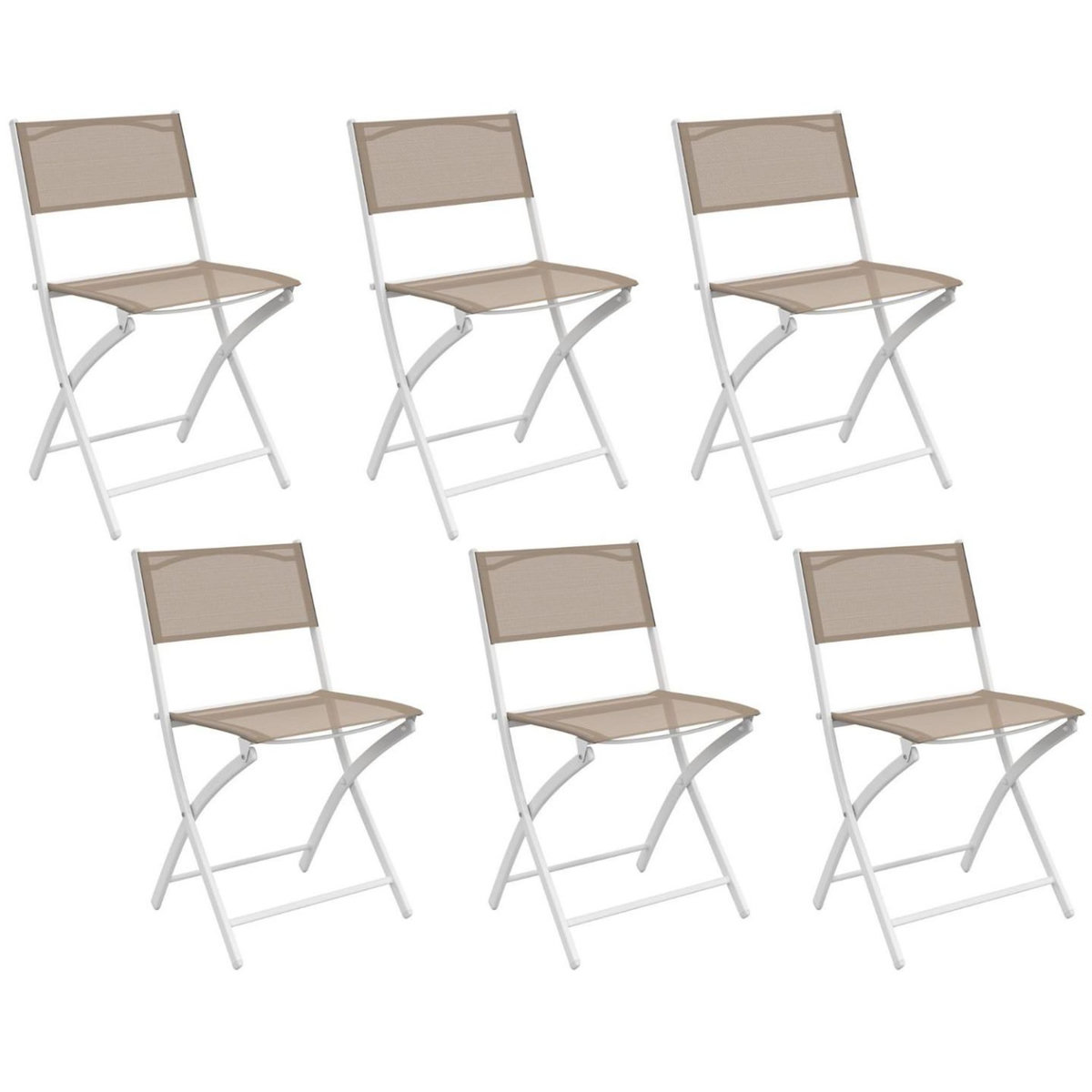 ID MARKET Lot de 6 chaises de jardin pliantes BASTIA métal et textilène blanc et beige
