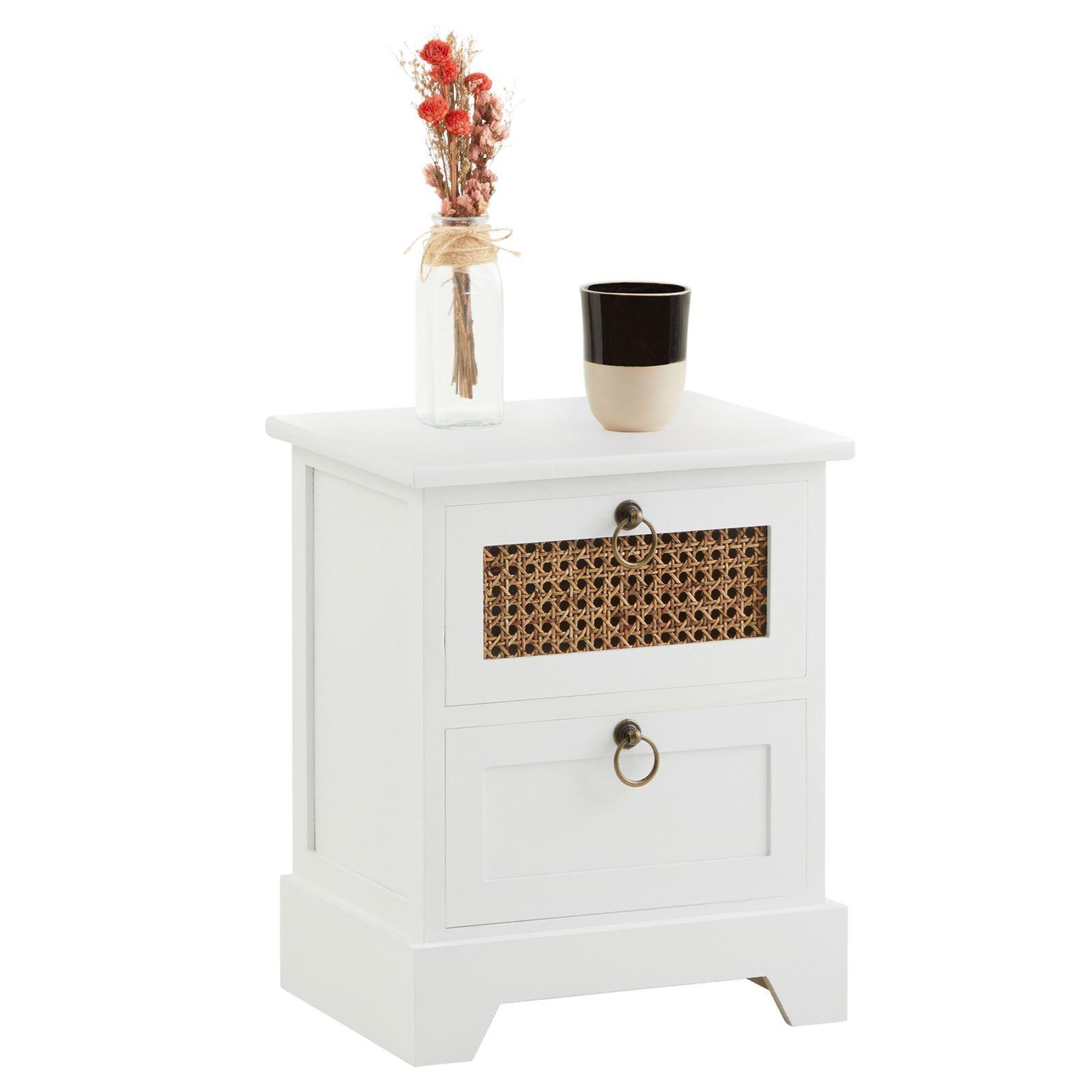 Voir la diapositive 1 : IDIMEX Table de chevet PADMA 2 tiroirs, en bois et rotin