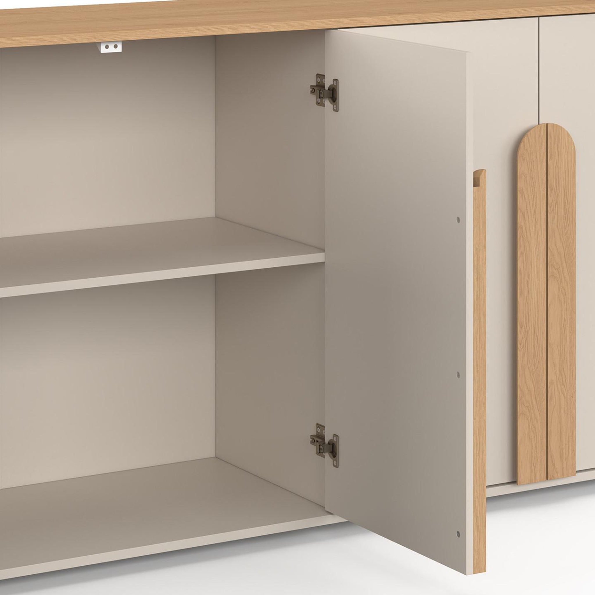 Voir la diapositive 6 : ID MARKET Buffet 160 cm tirana 4 portes avec grandes poignées beige et bois clair