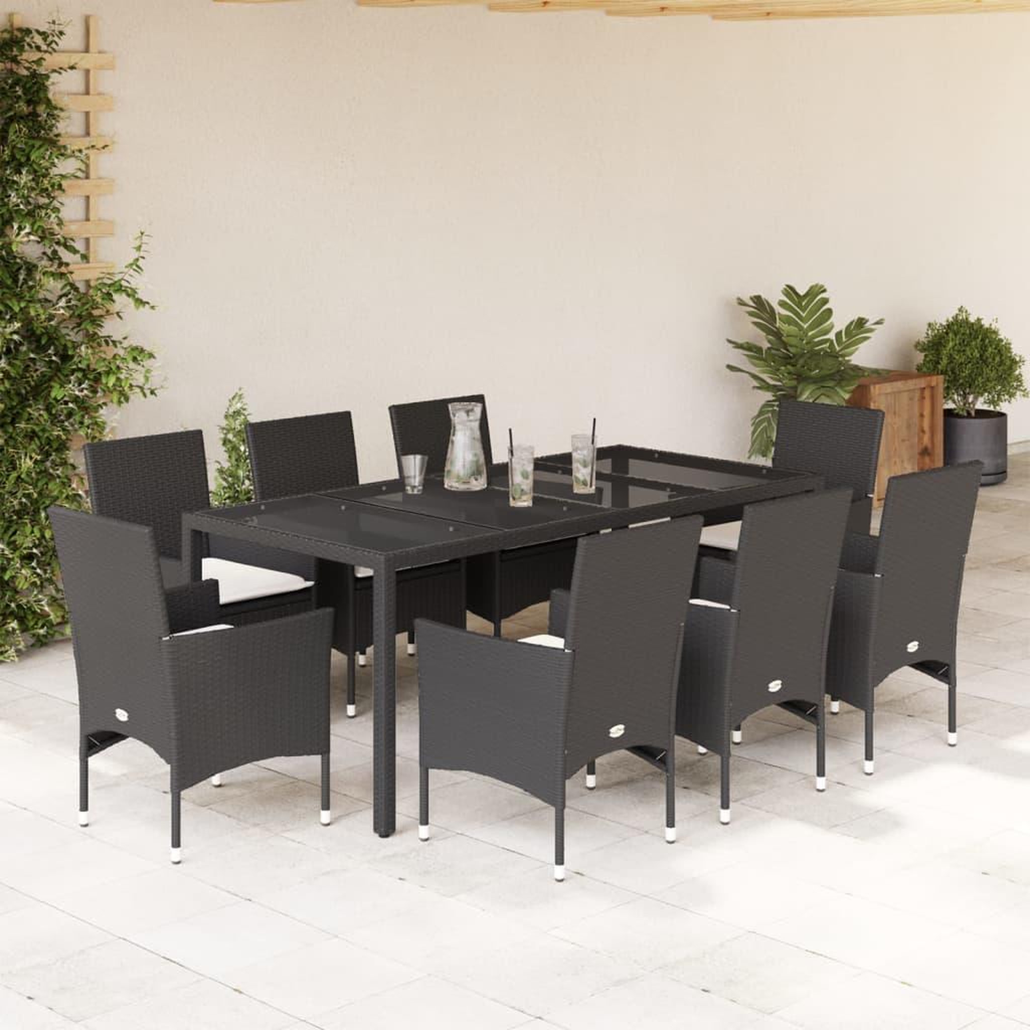 VIDAXL Ensemble a manger de jardin et coussins 9 pcs noir rotin verre