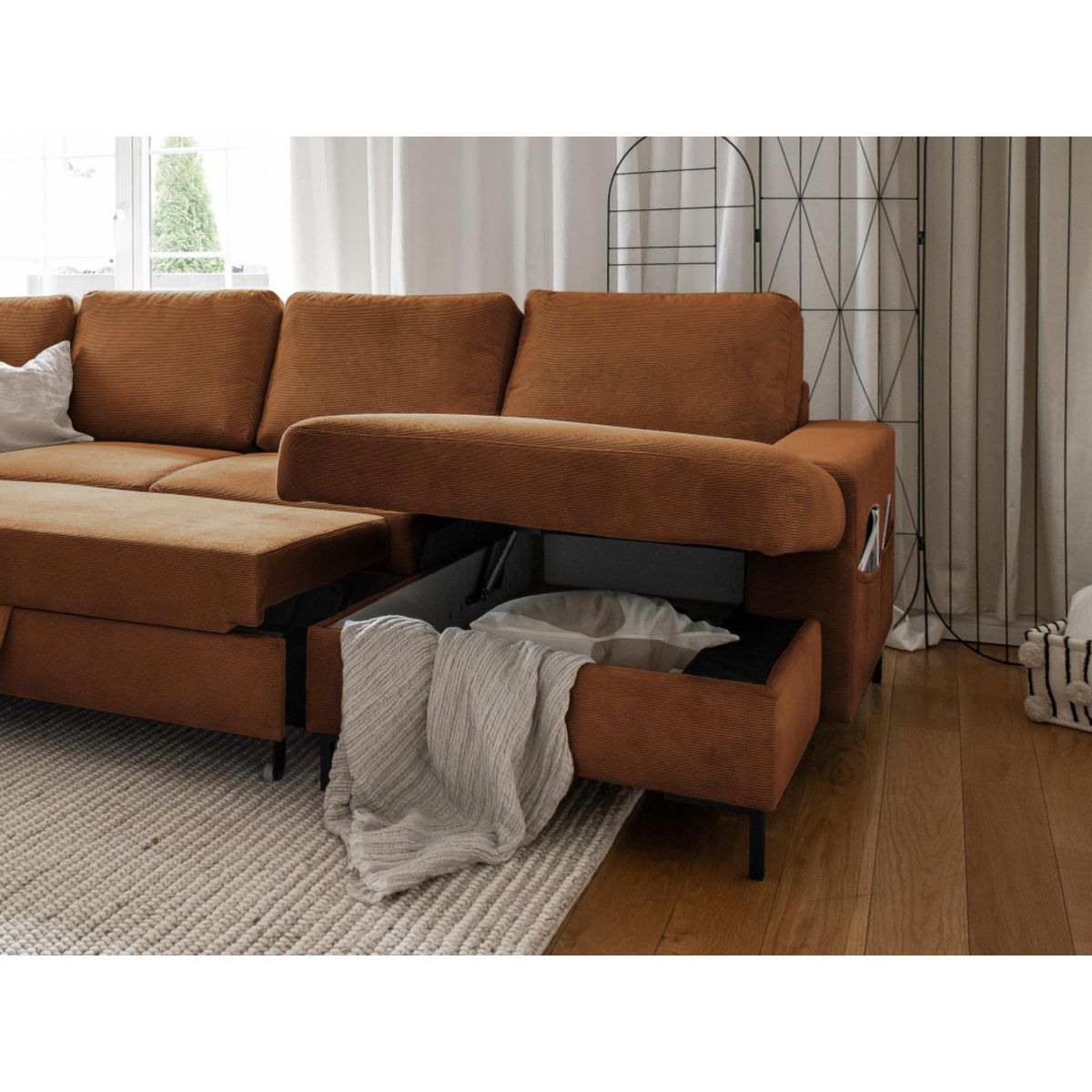 BEST MOBILIER Lilly - canapé panoramique d'angle gauche - 7 places - convertible avec coffre - en velours côtelé