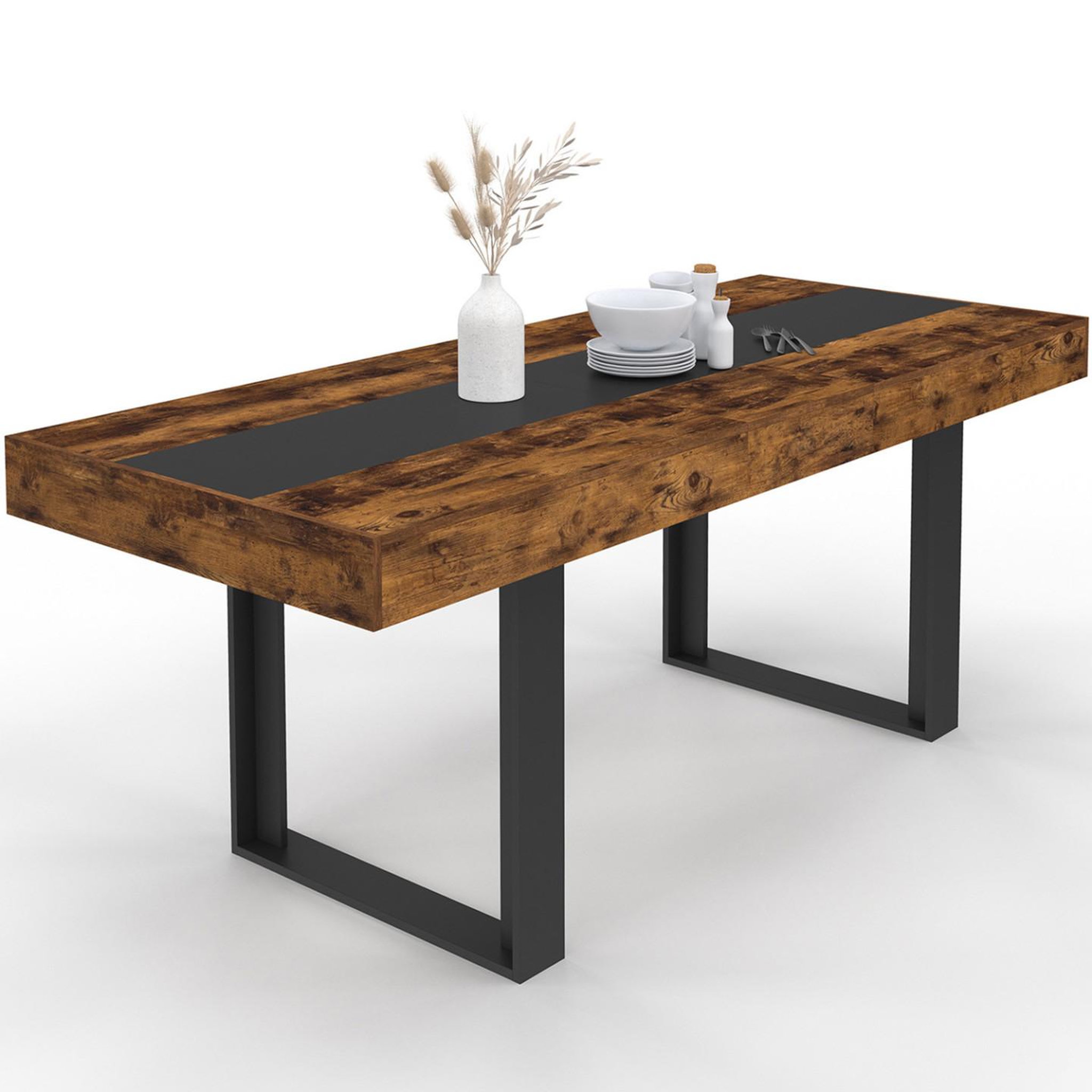 ID MARKET Table à manger extensible rectangle phoenix 4-8 personnes bois effet vieilli et noir bande centrale noire 160-200 cm