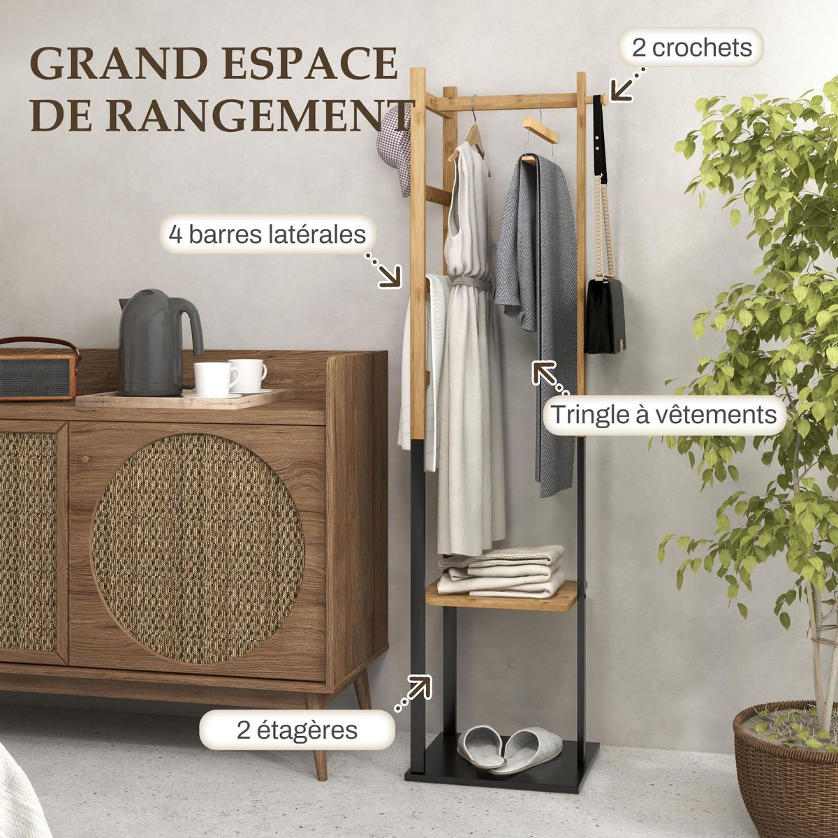HOMCOM Portant pour vêtements en bambou, Porte-manteau en Bois avec tringle, étagères, patère, 4 barres latérales dim. 46L x 28,5l x 153,5H cm