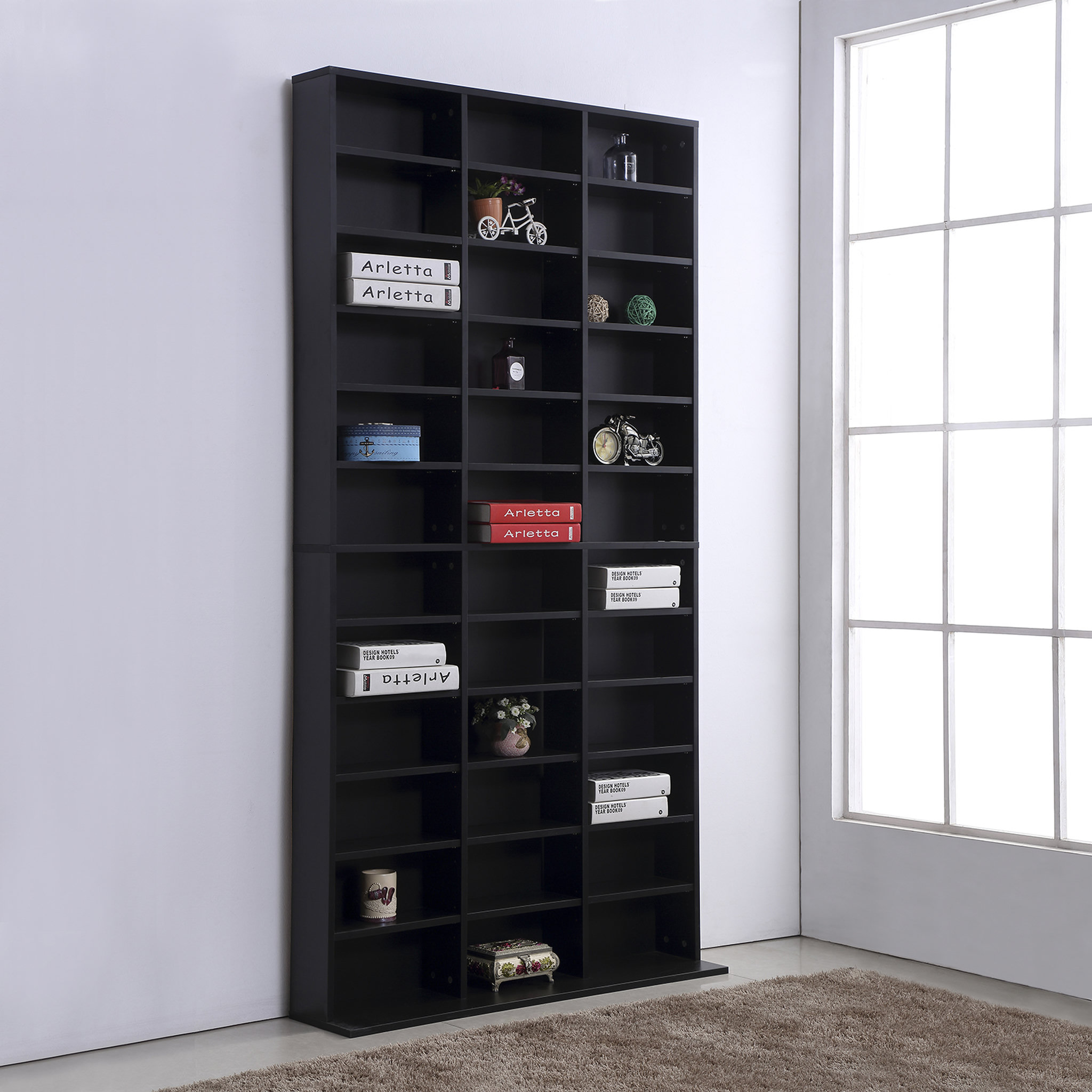 Voir la diapositive 4 : HOMCOM Étagère rangement CD/DVD meuble de rangement pour 1116 CDs 33 compartiments réglables en hauteur 102 x 24 x 195 cm noir