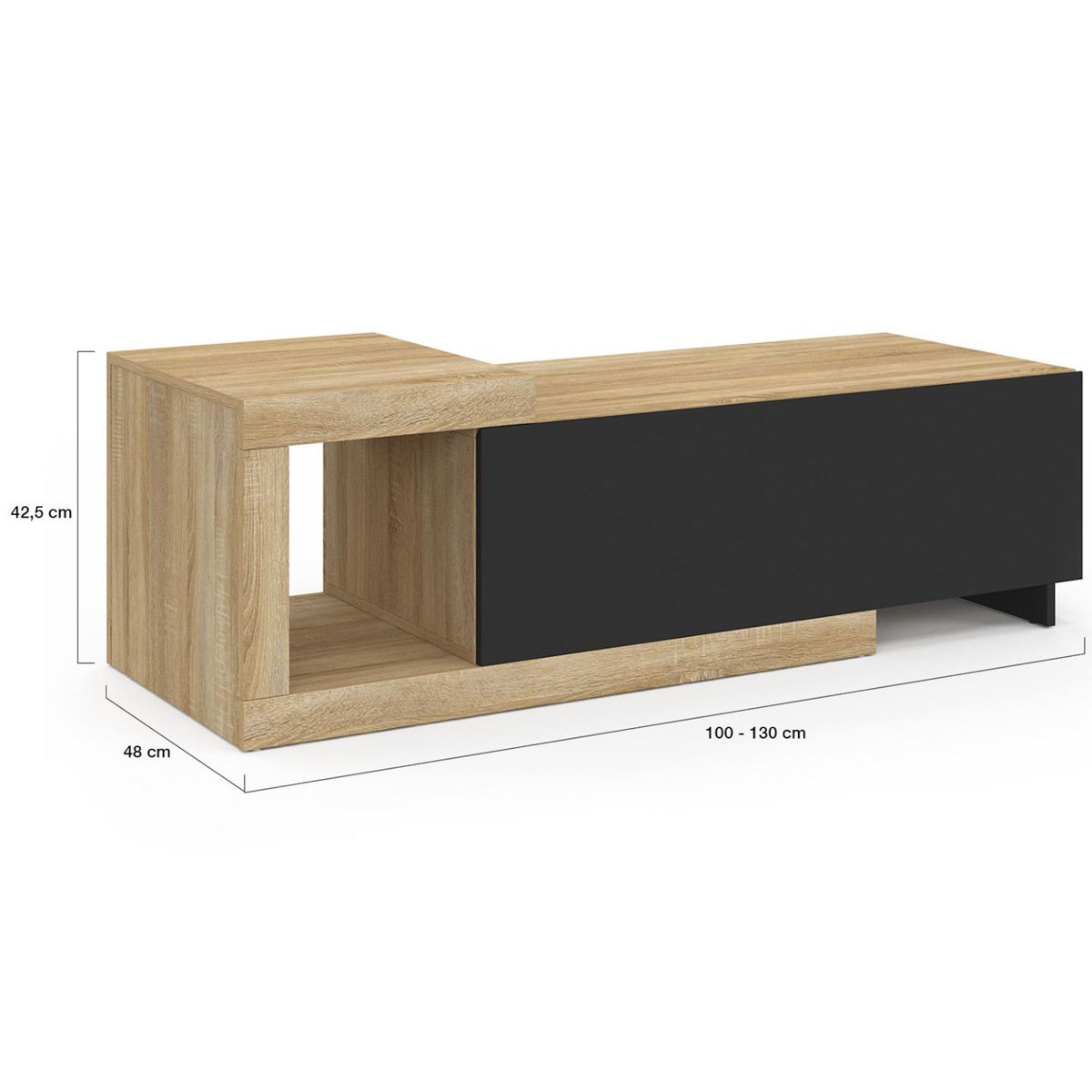 ID MARKET Table basse extensible rectangulaire RAPHAEL 100-130 cm 1 porte bois et noir